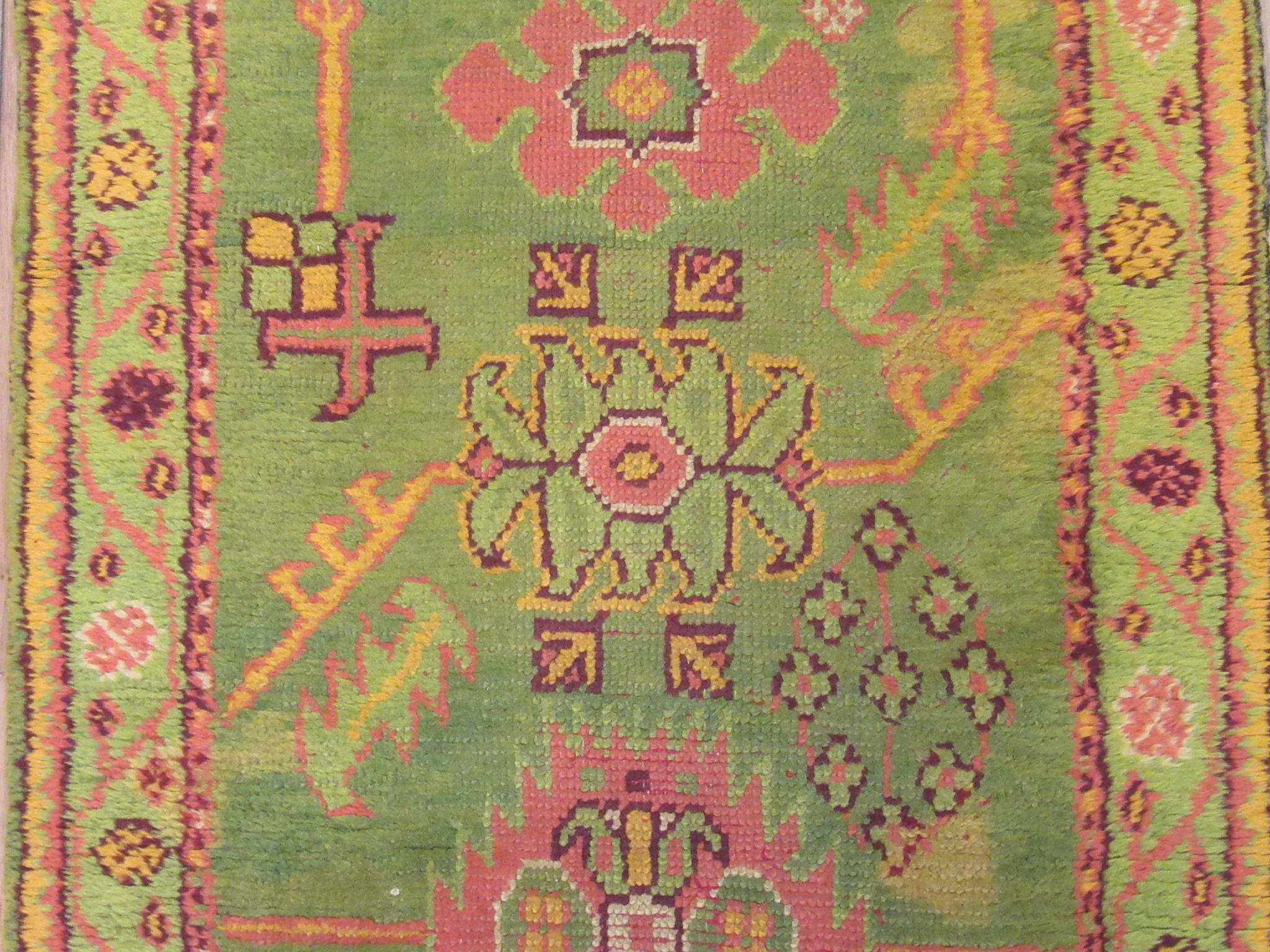 20th Century Antique Hand Knotted Wool Green Turkish Oushak Runner Rug For Sale