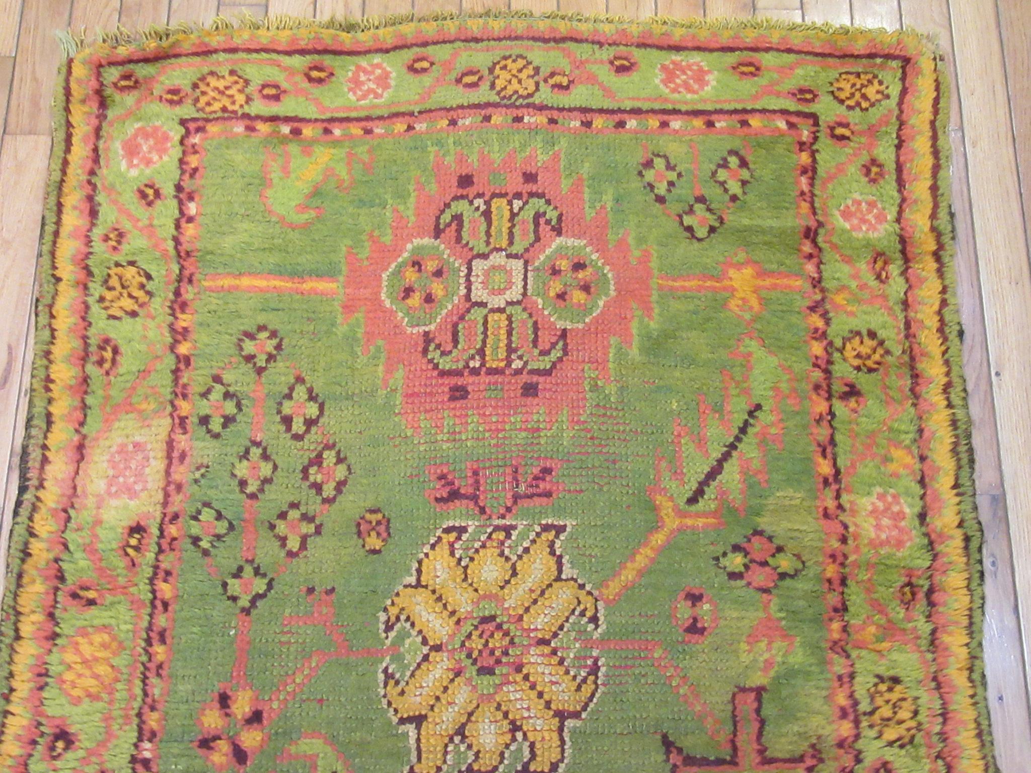 Antique Hand Knotted Wool Green Turkish Oushak Runner Rug For Sale 1