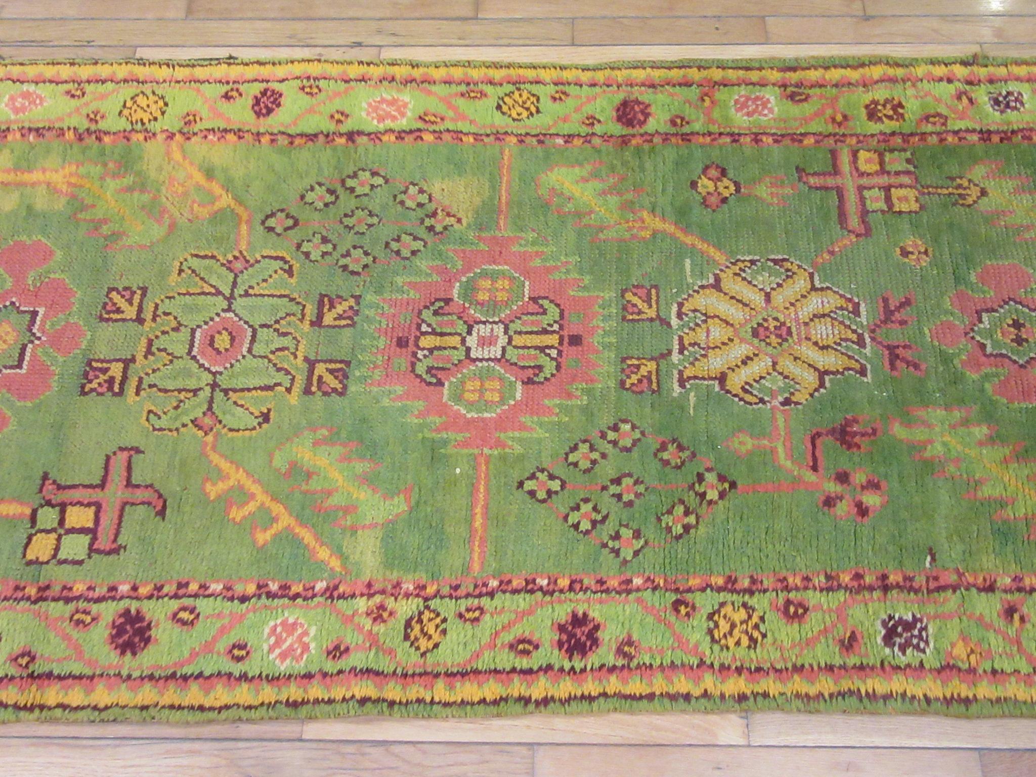 Antique Hand Knotted Wool Green Turkish Oushak Runner Rug For Sale 2