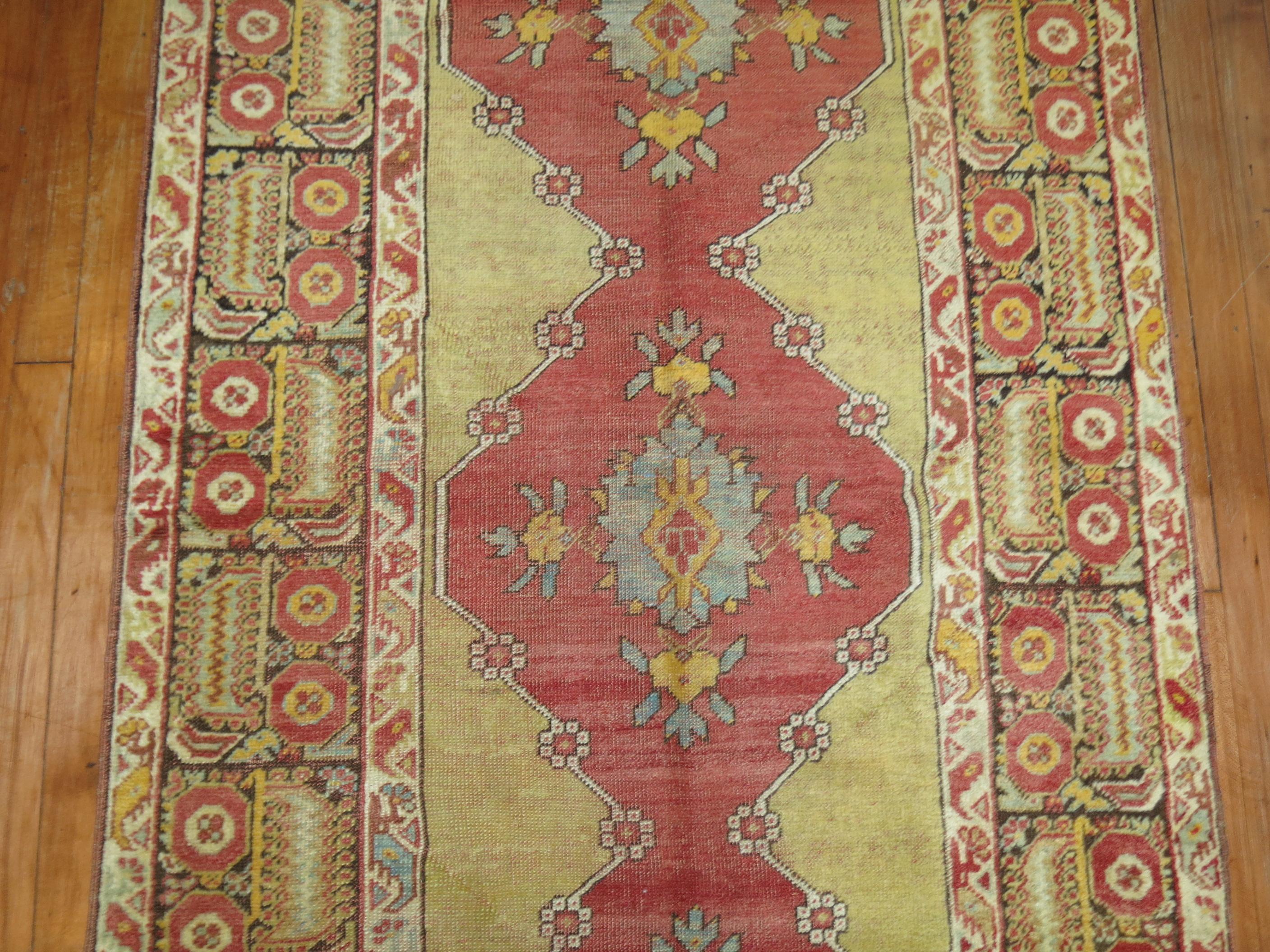 Zabihi Collection Early 20th Century Soft Green Antique Turkish  Runner For Sale 1