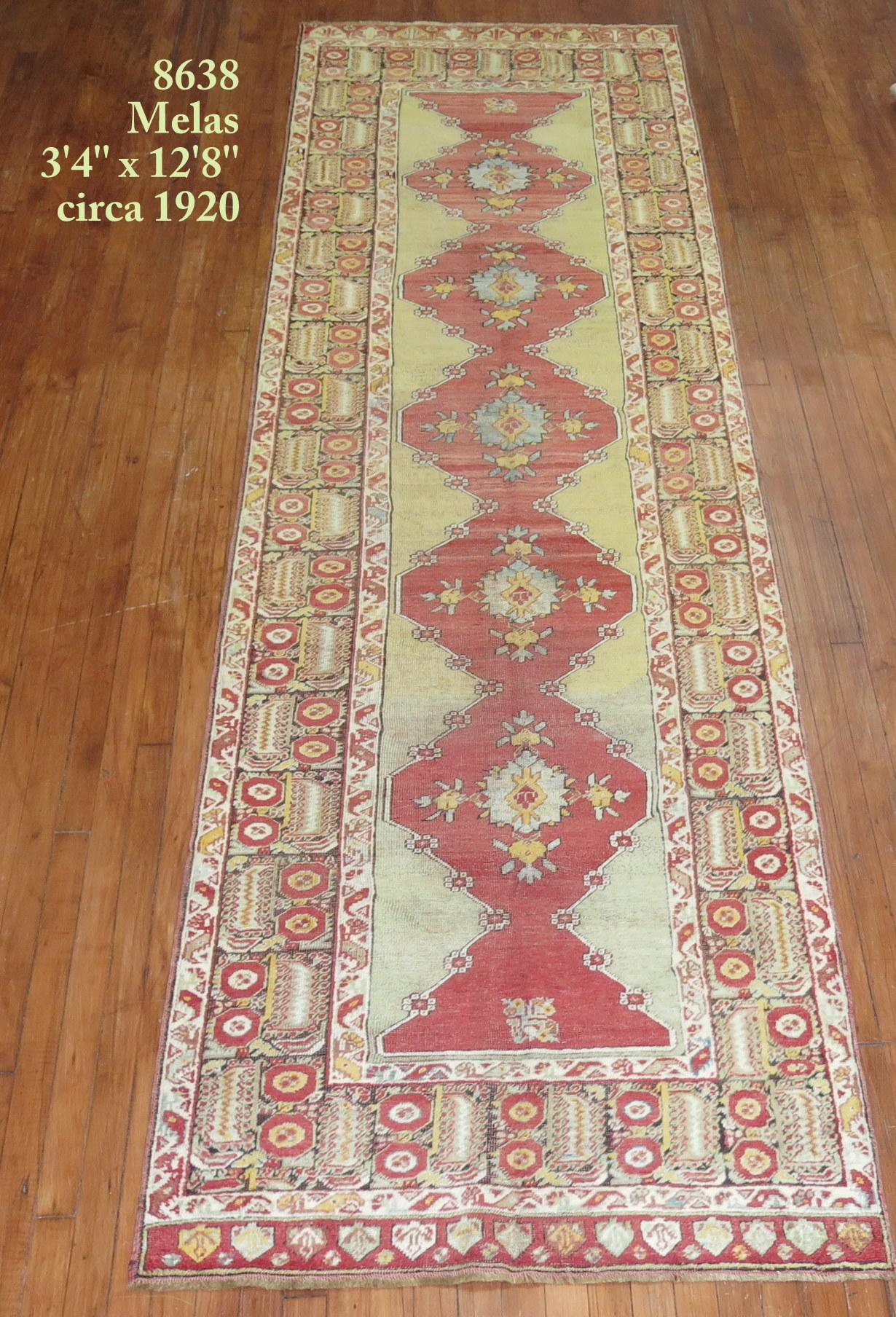 Zabihi Collection Early 20th Century Soft Green Antique Turkish  Runner For Sale 2