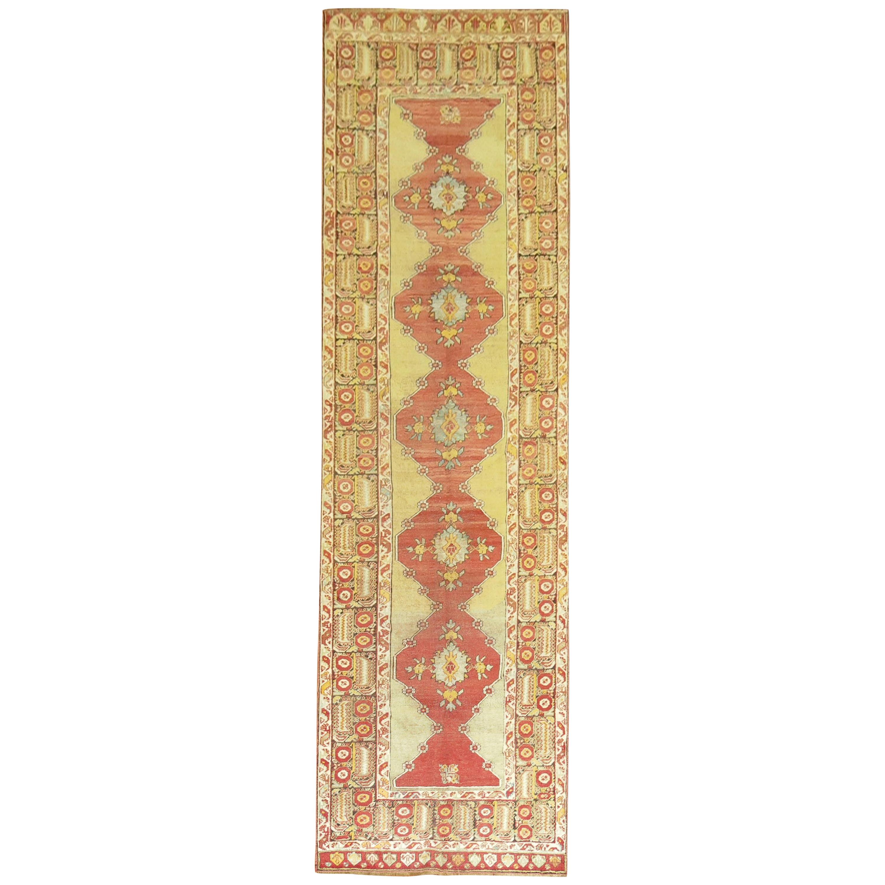 Zabihi Collection Early 20th Century Soft Green Antique Turkish  Runner For Sale