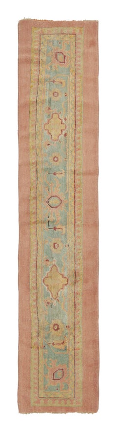 Antique Turkish Oushak Runner in Blue & Peach with Floral Geometry - Rug & Kilim