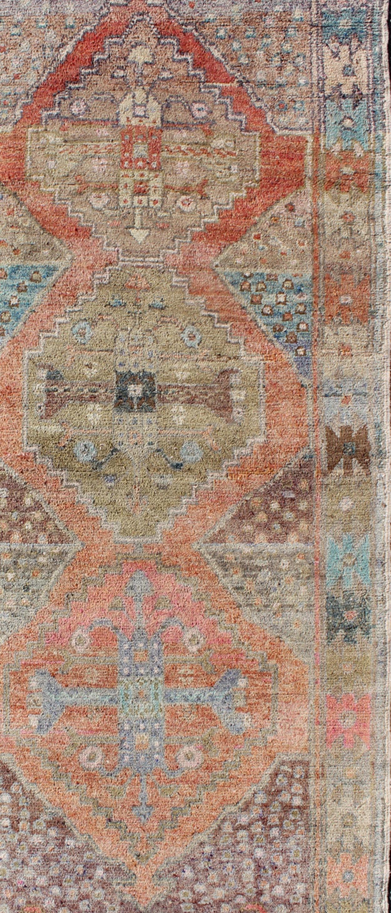 Amazingly Beautiful antique Oushak runner with Geometric Medallion Design, rug EN-165772 , country of origin / type: Turkey / Oushak, circa 1930

The painting like color composition of this short antique Turkish Oushak runner is very unique as one