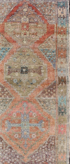 Antique Turkish Oushak Runner in Coral, Blue, Brown, Yellow Green & Rust Red