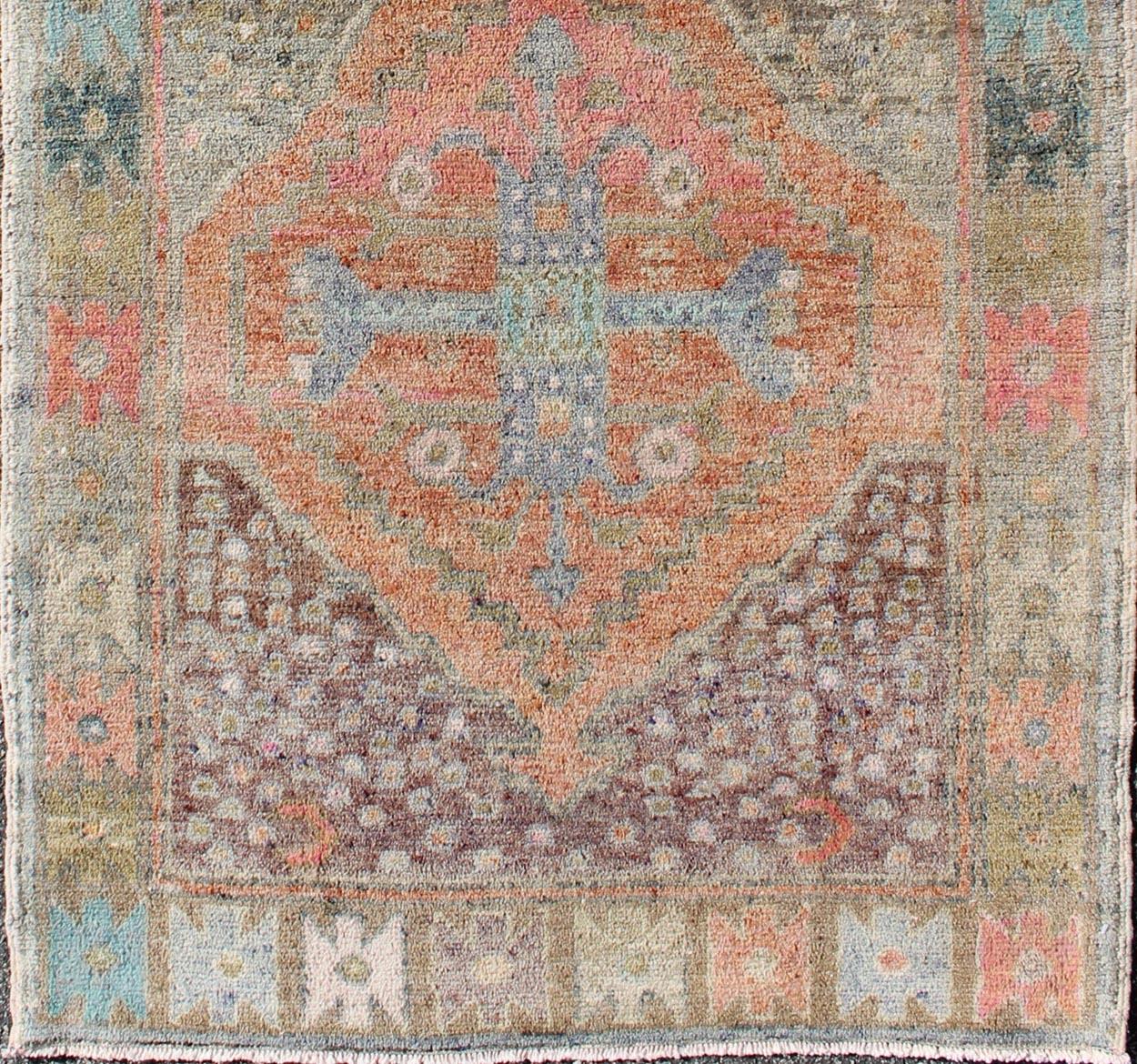Hand-Knotted Antique Turkish Oushak Runner in Coral, Blue, Brown, Yellow Green & Rust Red For Sale