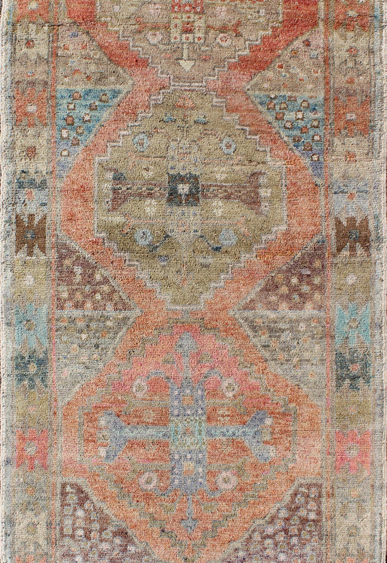 Antique Turkish Oushak Runner in Coral, Blue, Brown, Yellow Green & Rust Red In Excellent Condition For Sale In Atlanta, GA