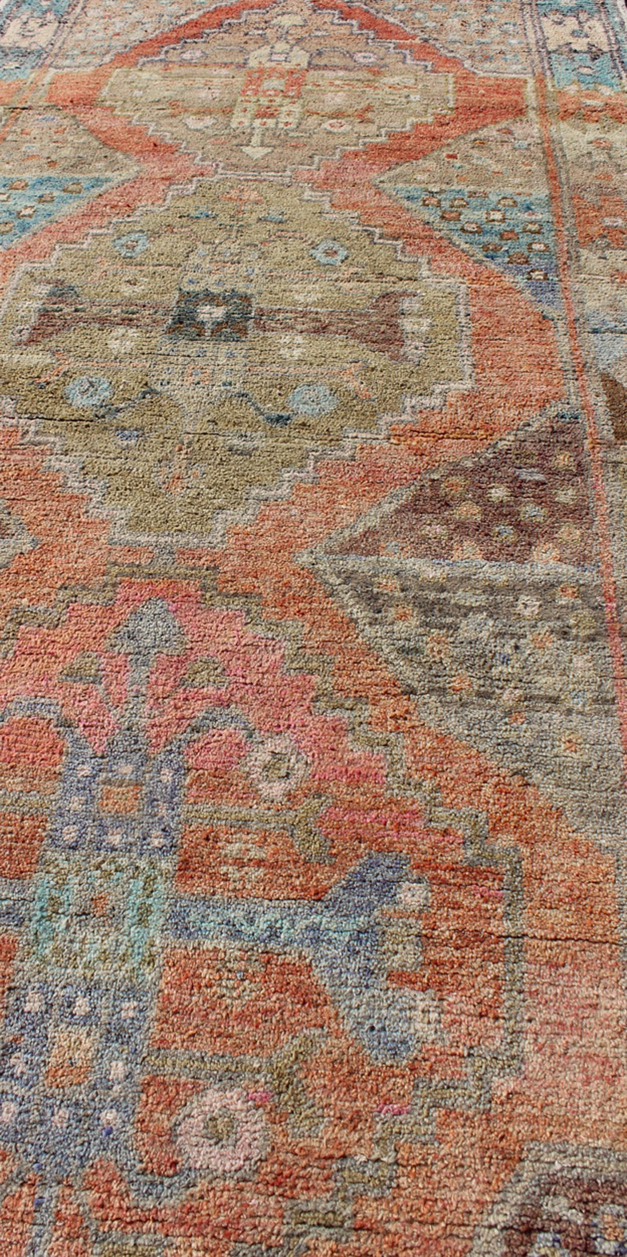 20th Century Antique Turkish Oushak Runner in Coral, Blue, Brown, Yellow Green & Rust Red For Sale