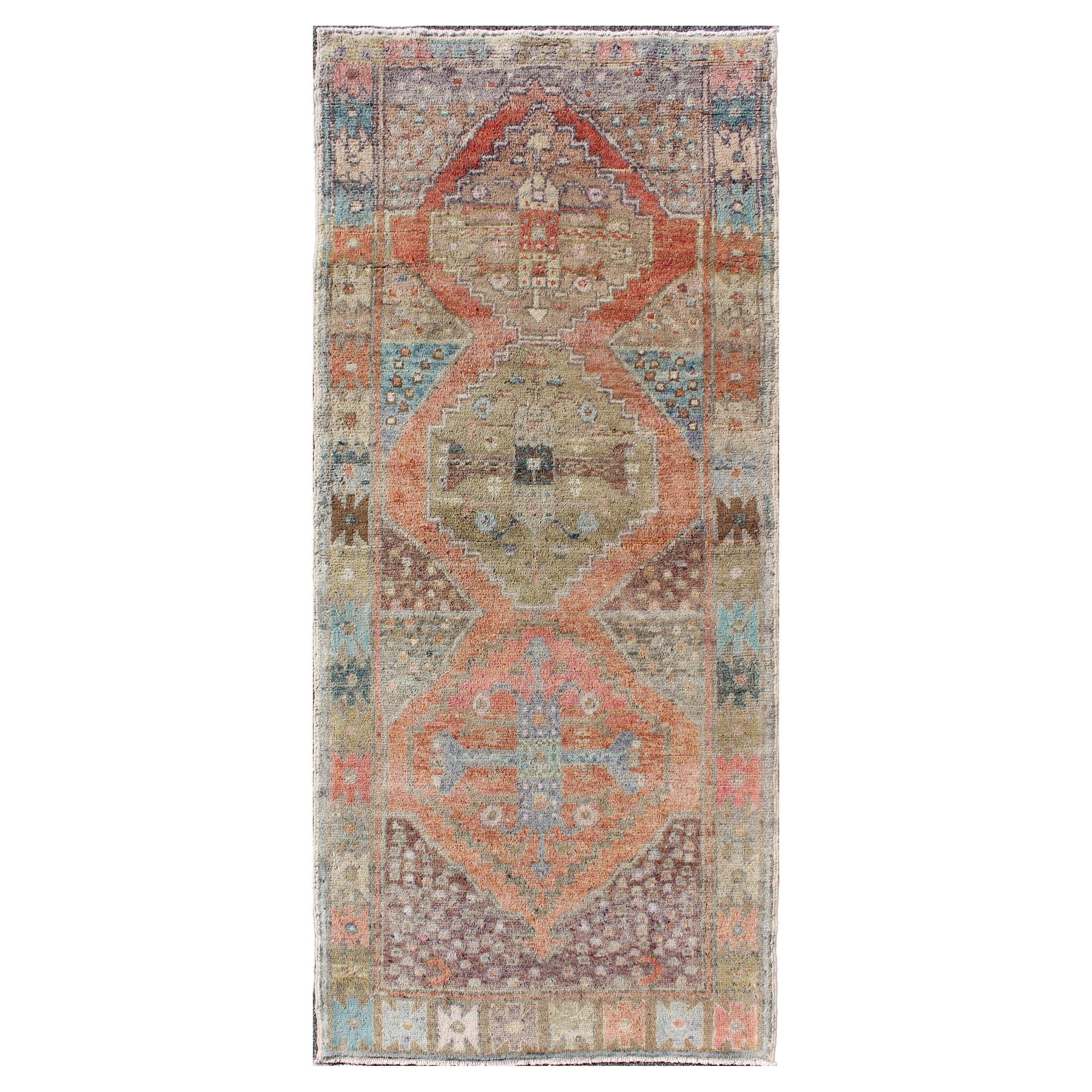 Antique Turkish Oushak Runner in Coral, Blue, Brown, Yellow Green & Rust Red For Sale