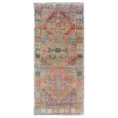 Vintage Turkish Oushak Runner in Coral, Blue, Brown, Yellow Green & Rust Red