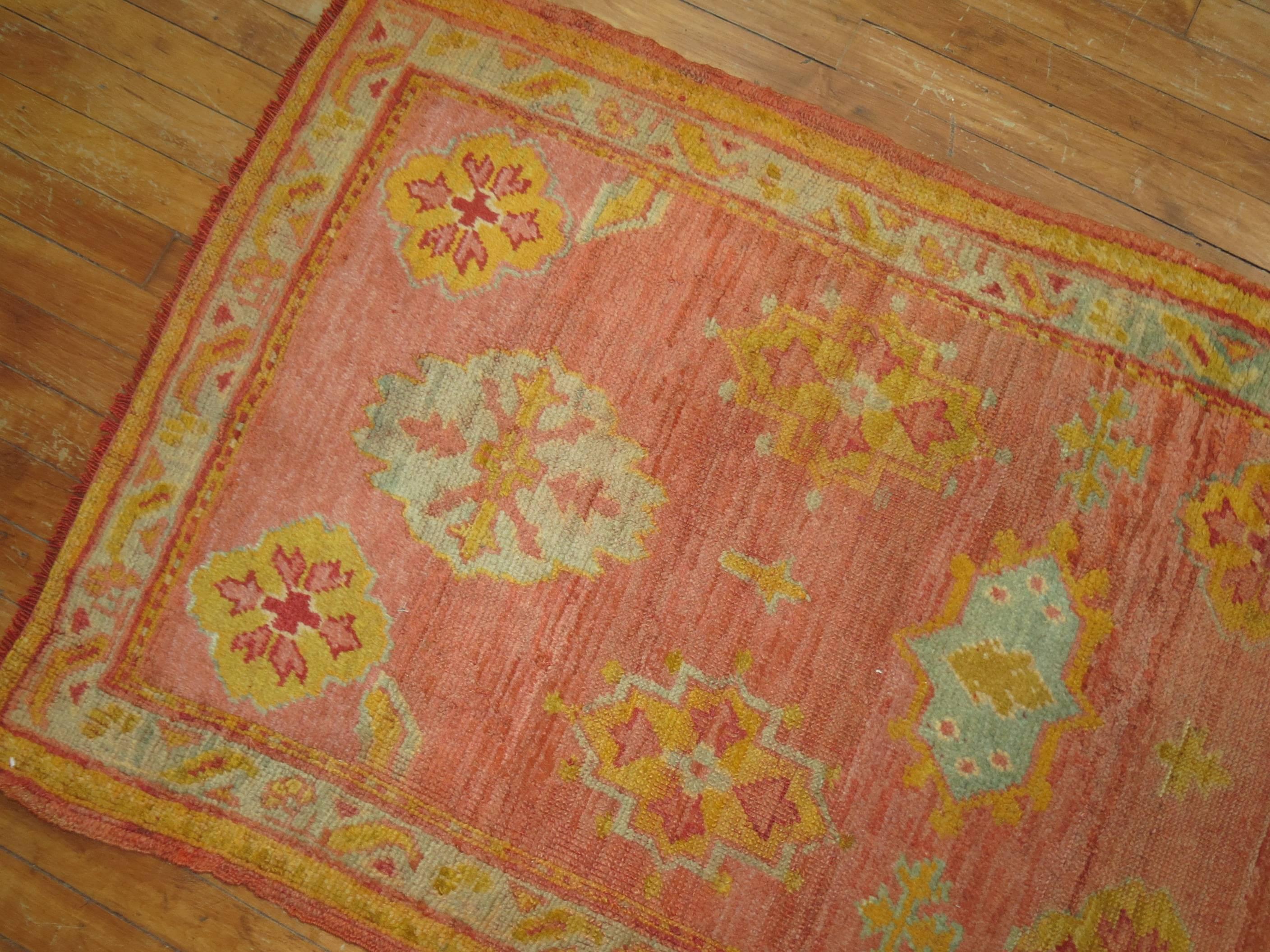 Spanish Colonial Antique Turkish Oushak Runner in Corals and Pink
