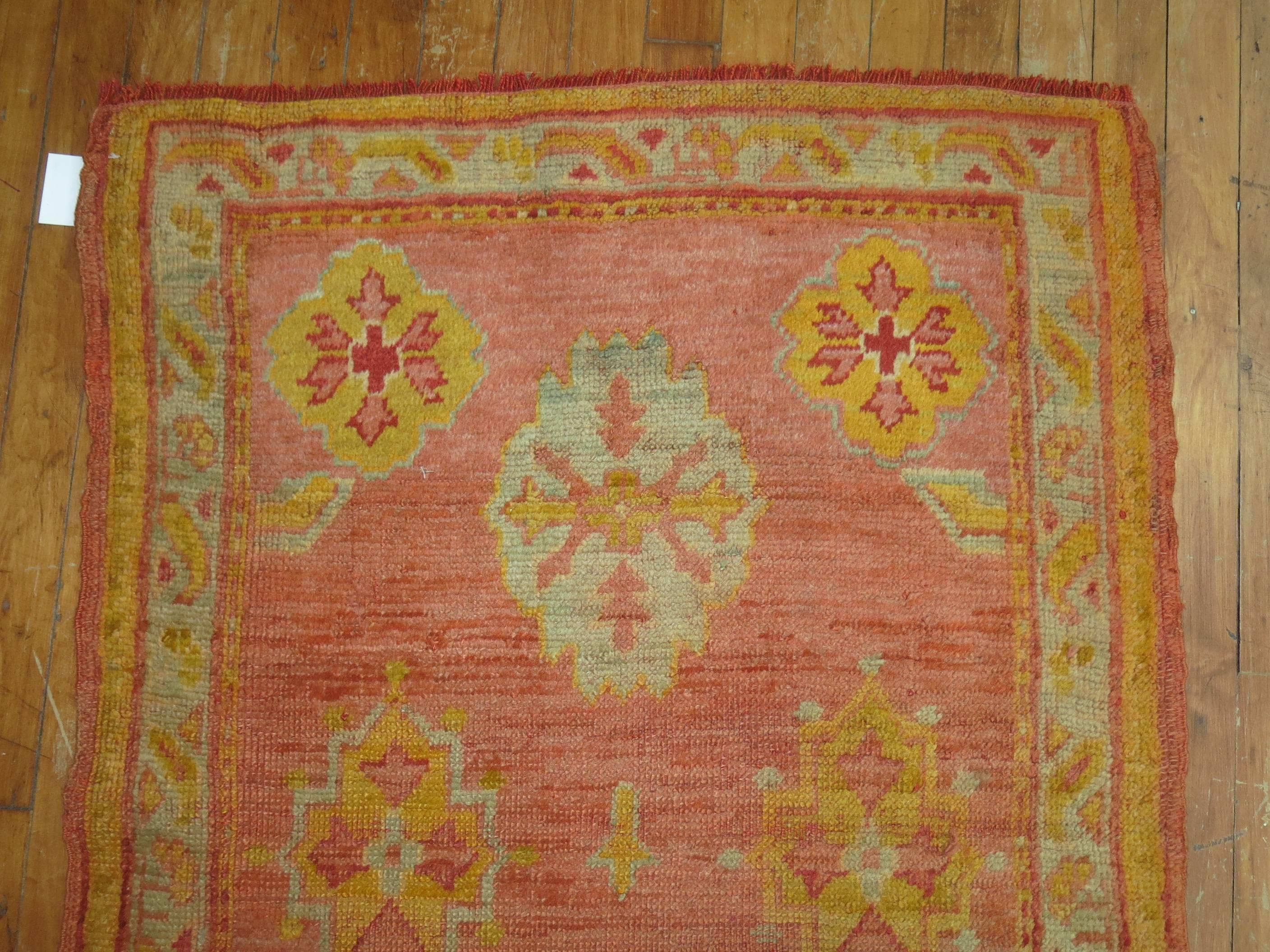 Hand-Woven Antique Turkish Oushak Runner in Corals and Pink