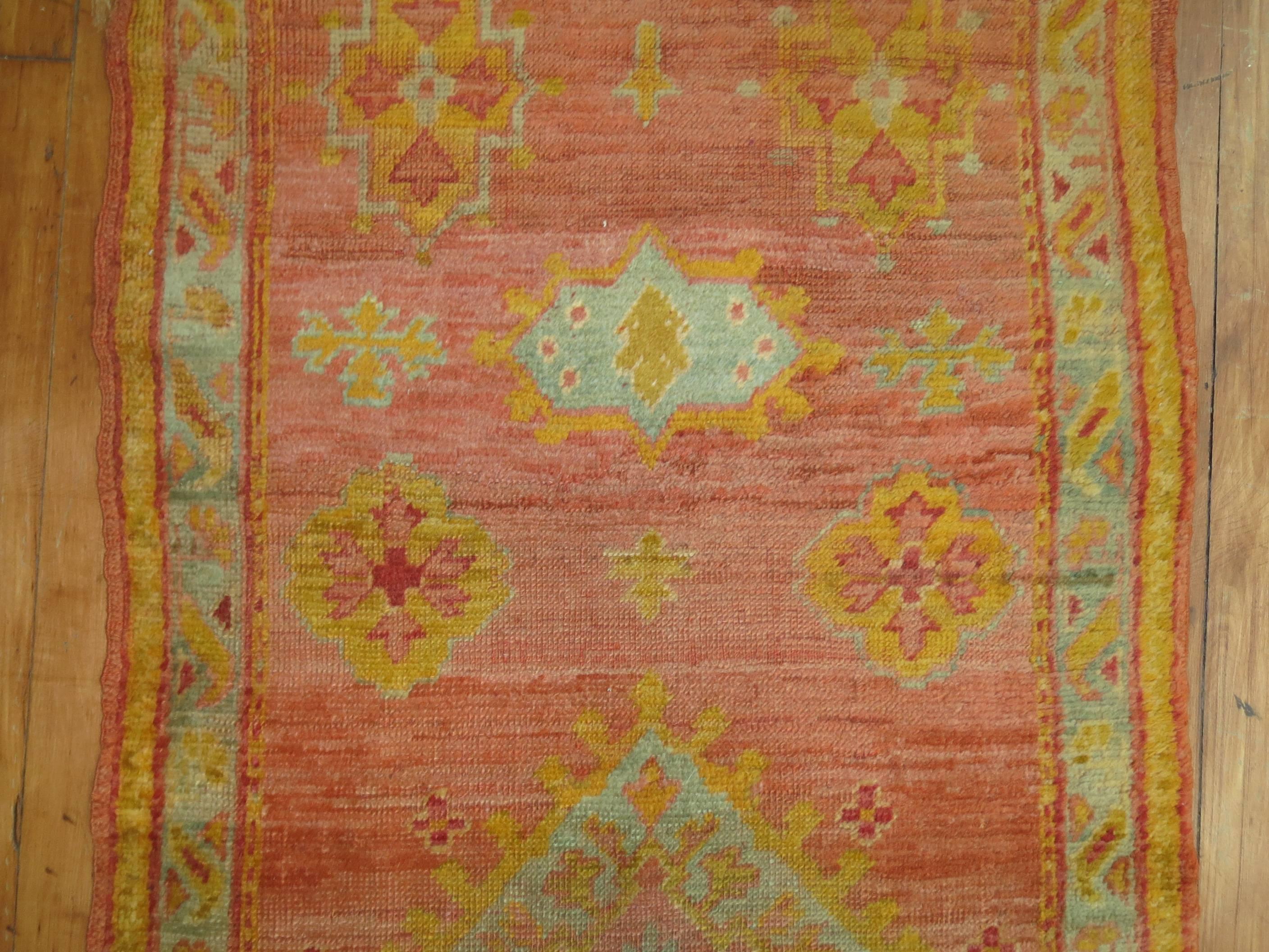 Antique Turkish Oushak Runner in Corals and Pink In Excellent Condition In New York, NY