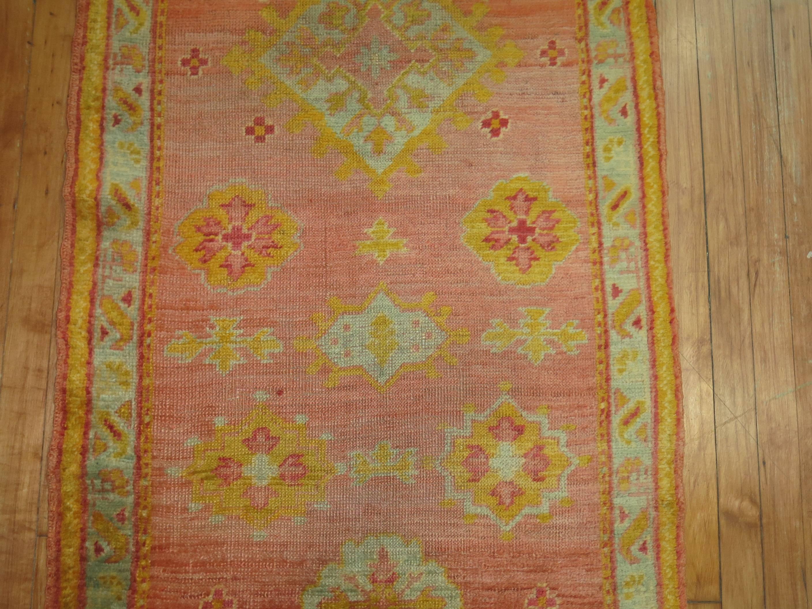 19th Century Antique Turkish Oushak Runner in Corals and Pink