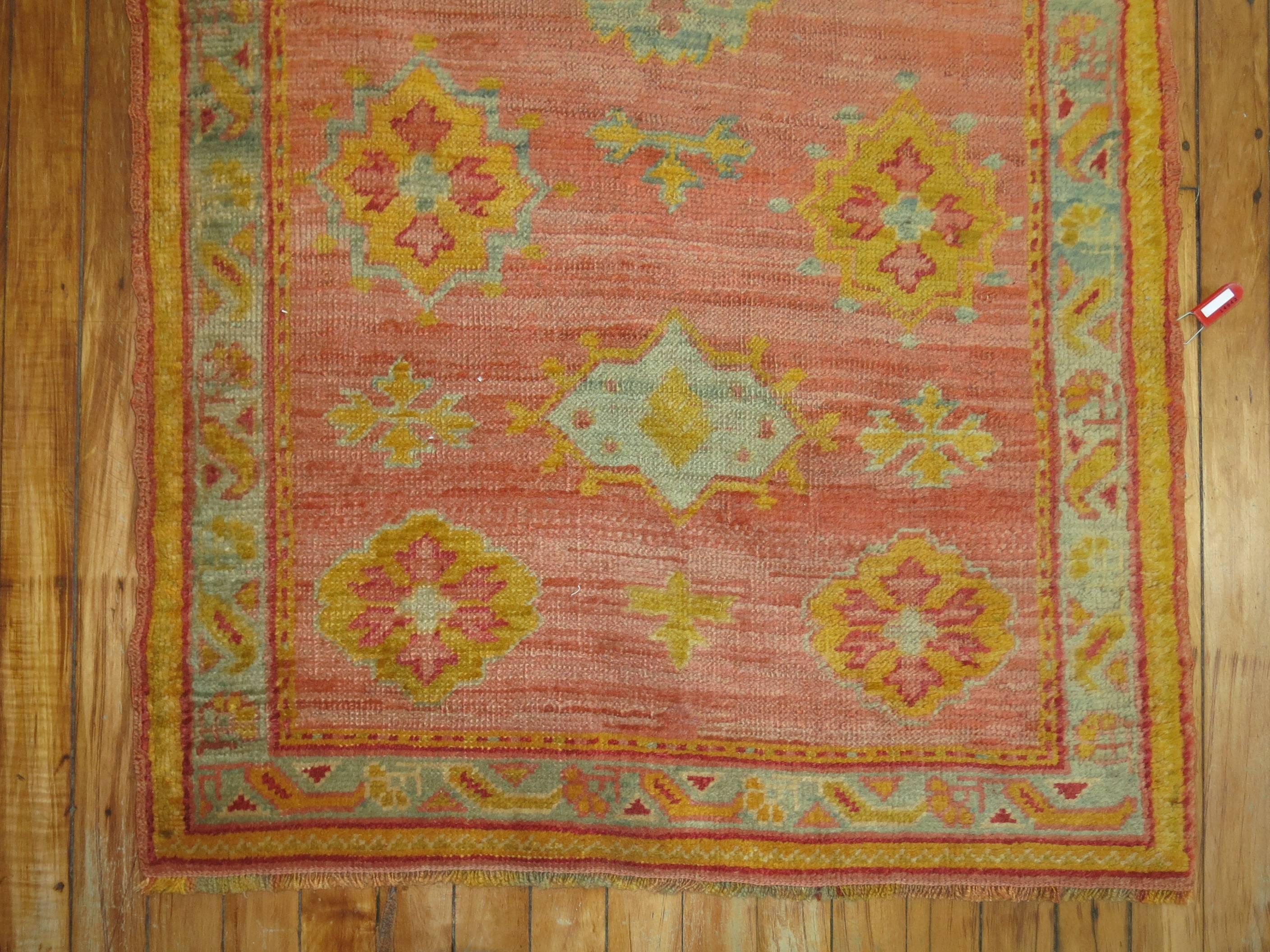 Wool Antique Turkish Oushak Runner in Corals and Pink