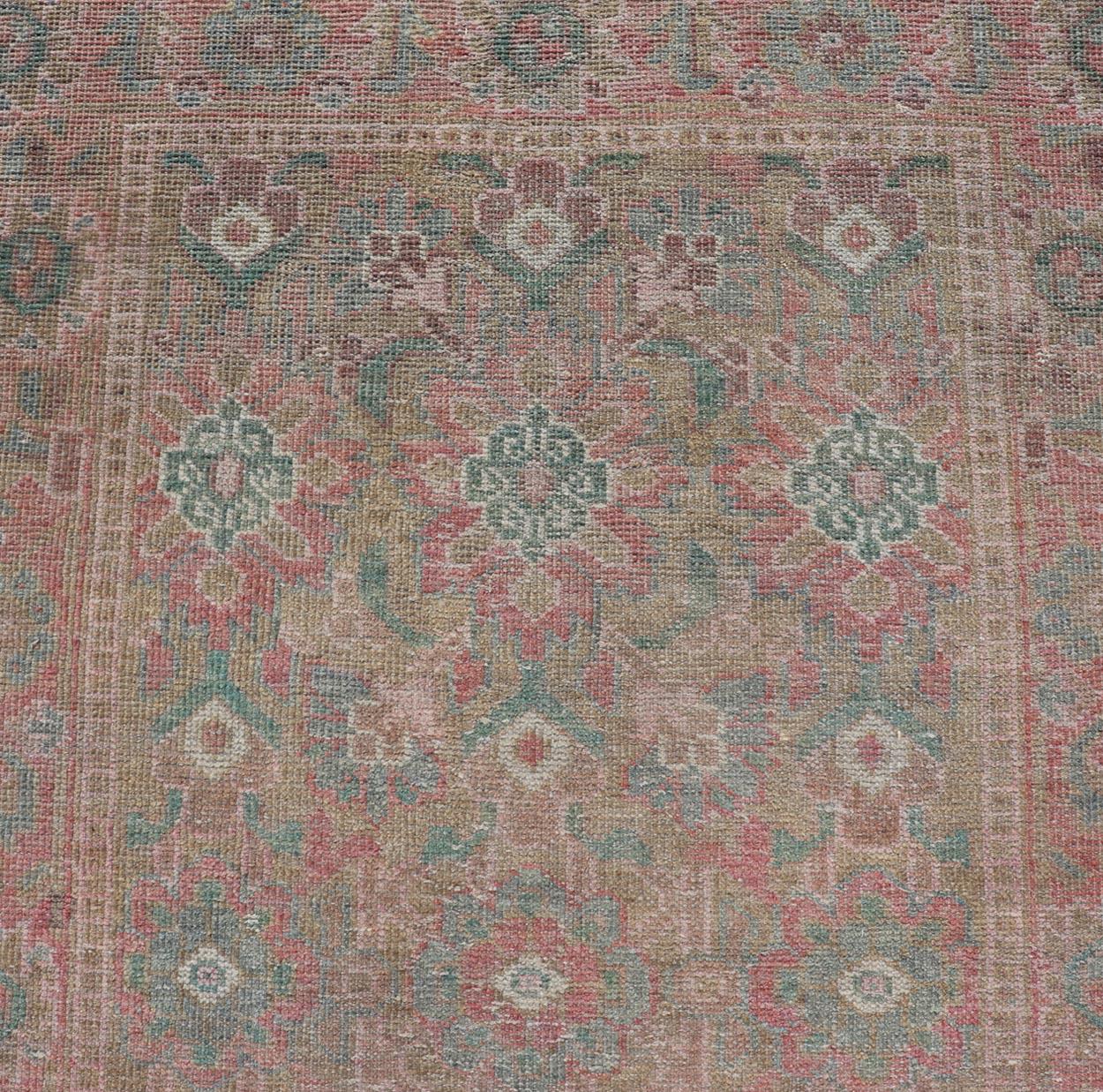 Maße: 3'1 x 10'1 
Antike türkische Oushak Läufer in gedämpften All-Over Blumenmuster 3'1