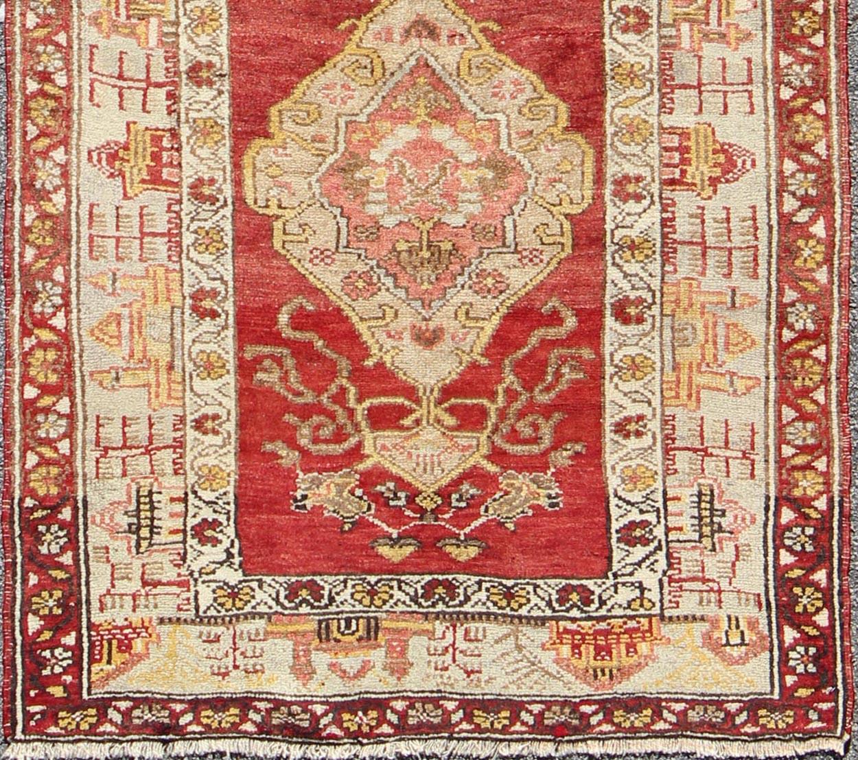 Hand-Knotted Antique Turkish Oushak Runner In Red Background with Neutral Medallions For Sale
