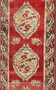 Antique Turkish Oushak Runner With European Design in Red, Brown and Green