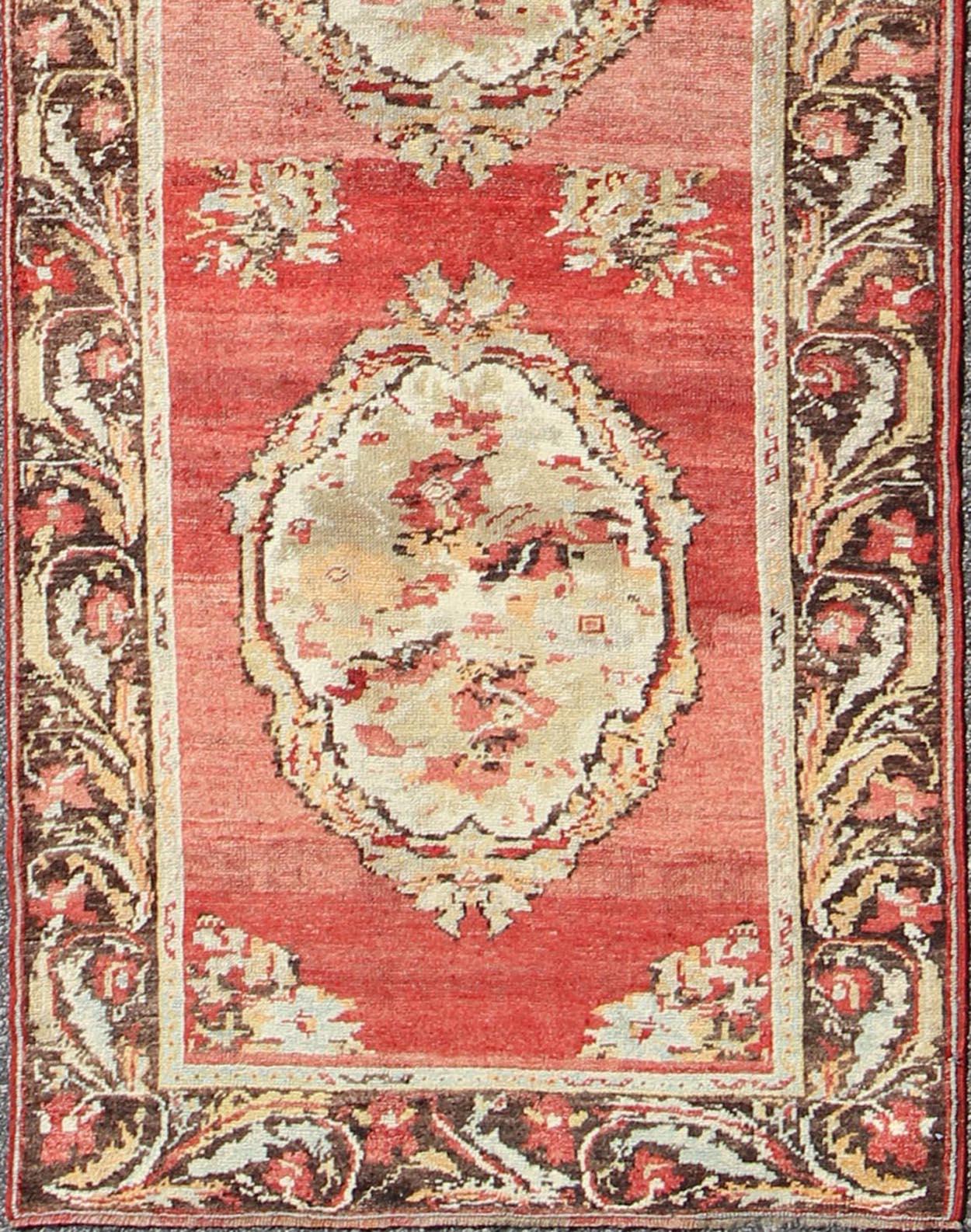 Hand-Knotted Antique Turkish Oushak Runner With European Design in Red, Brown and Green For Sale