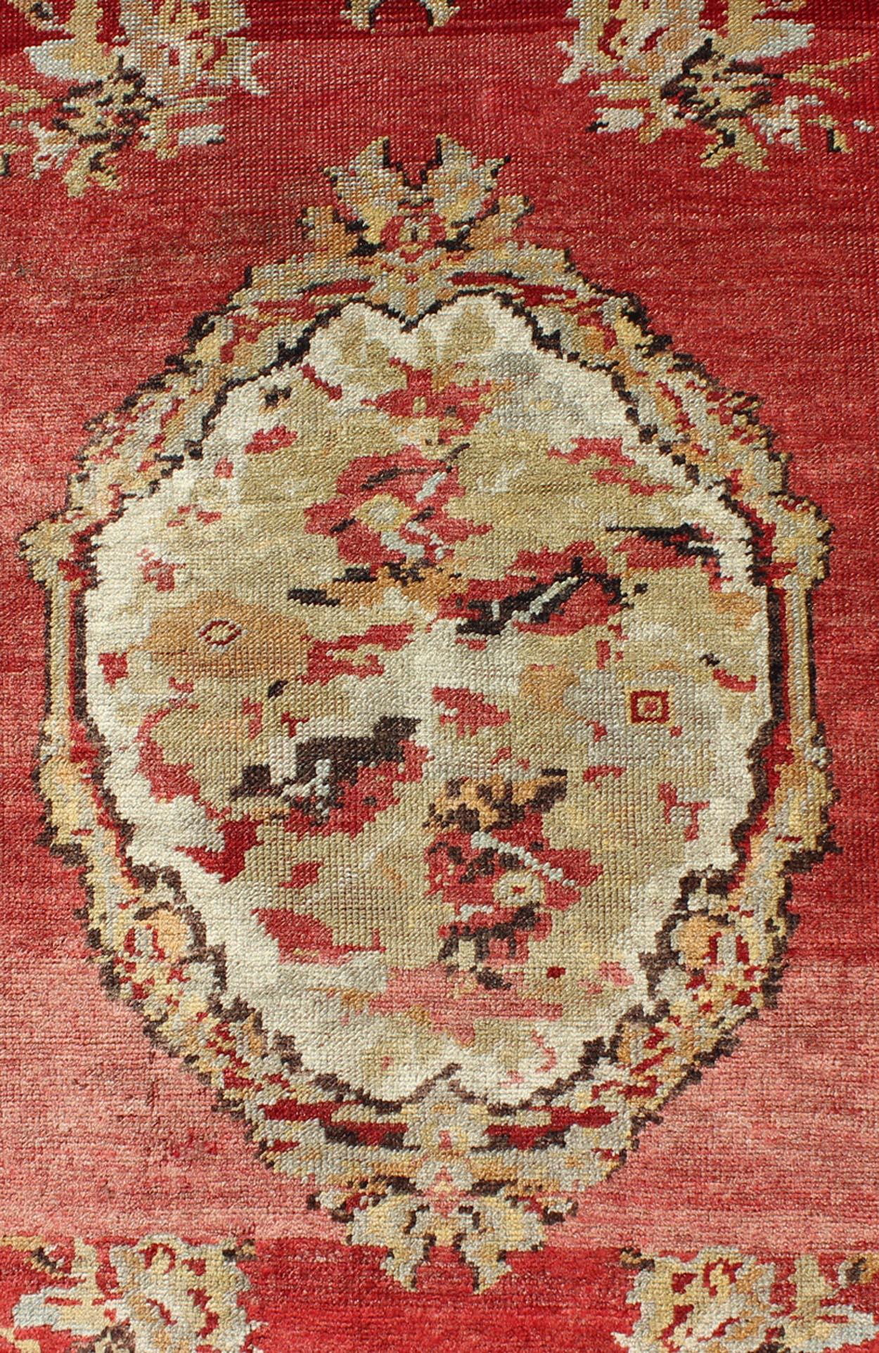 Antique Turkish Oushak Runner With European Design in Red, Brown and Green In Good Condition For Sale In Atlanta, GA