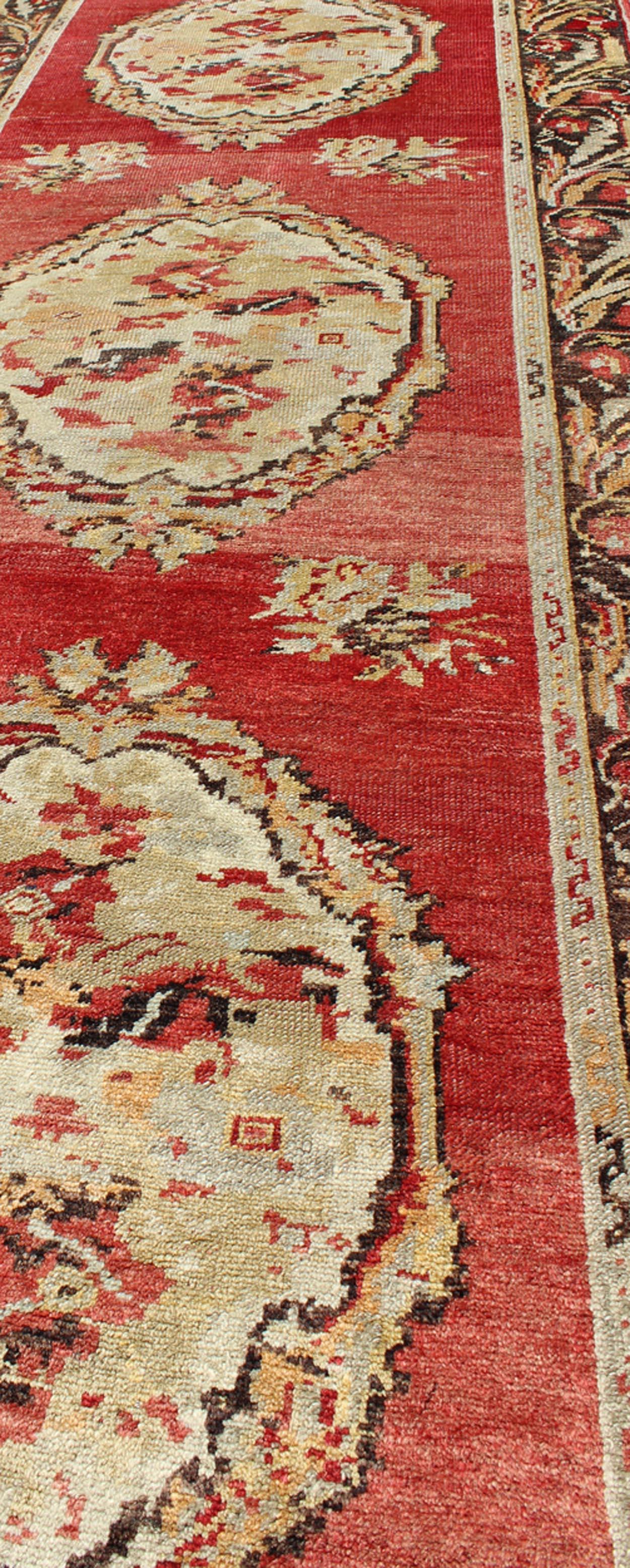 Antique Turkish Oushak Runner With European Design in Red, Brown and Green For Sale 1