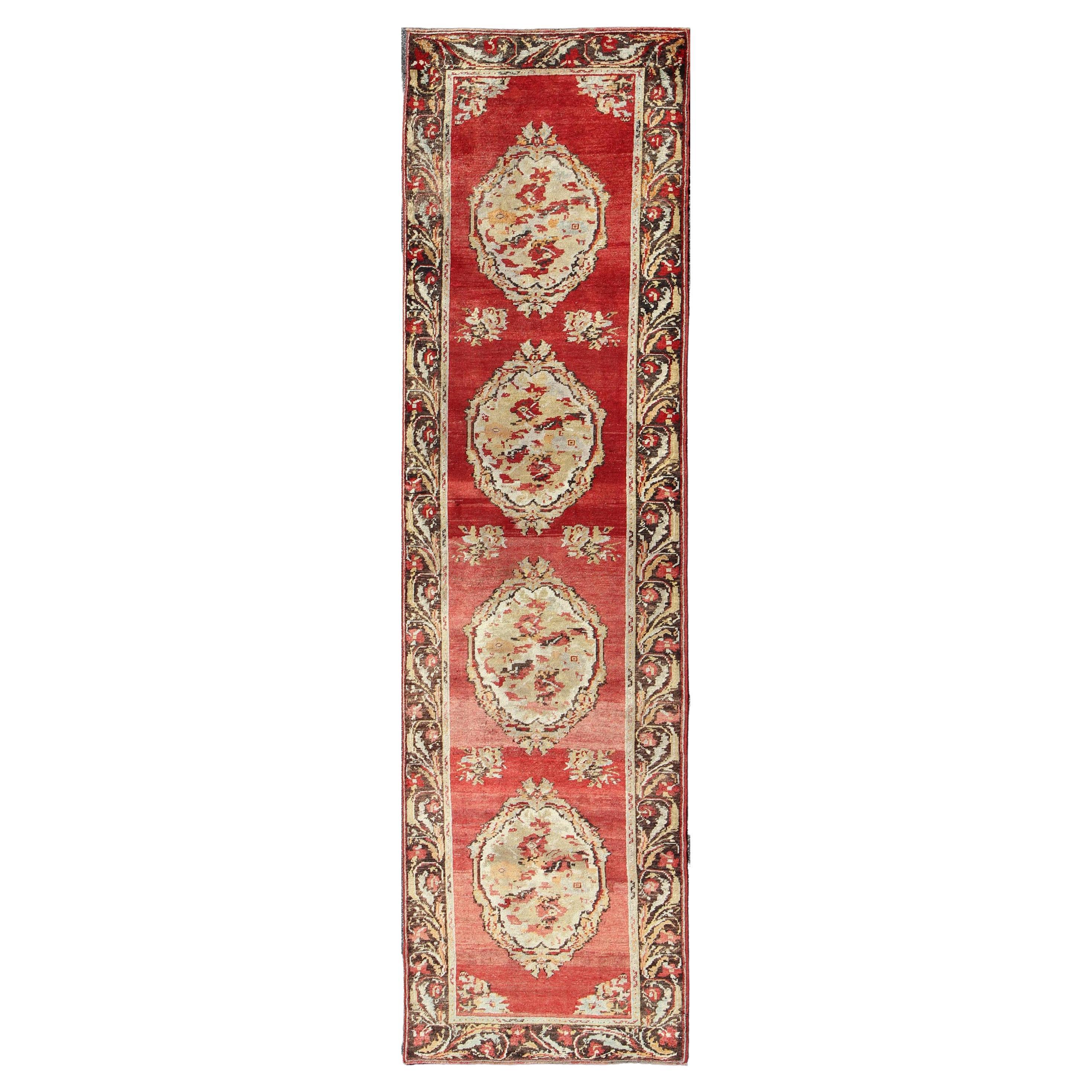 Antique Turkish Oushak Runner With European Design in Red, Brown and Green For Sale