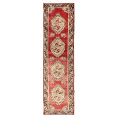 Antique Turkish Oushak Runner With European Design in Red, Brown and Green