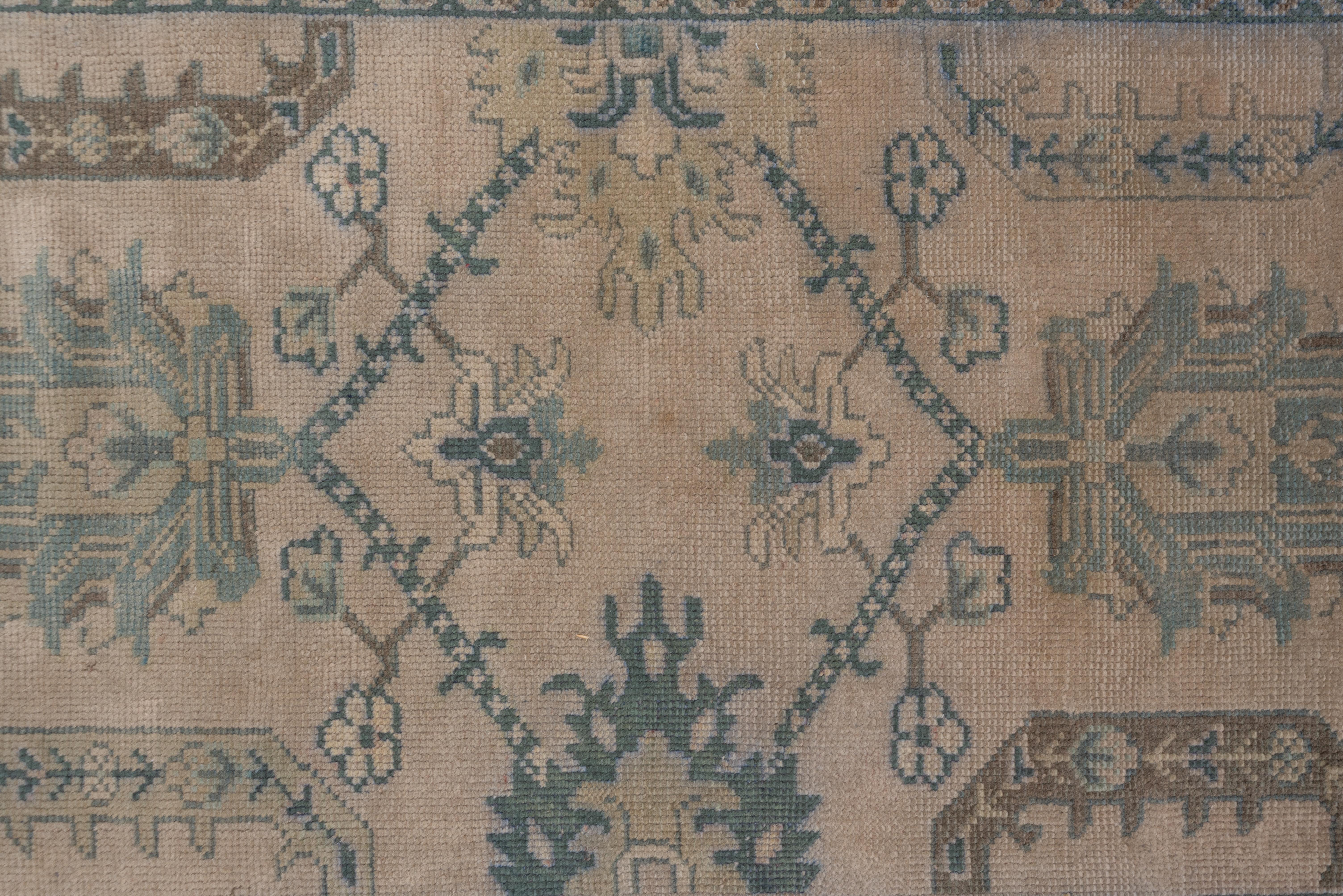 The abrashed beige field of this fair condition western Turkish runner show a Persianate design of large palmettes and thick and thin trellis vines, with small buds and lesser palmettes, all detailed in cream, buff, light olive-brown and beige. Bold