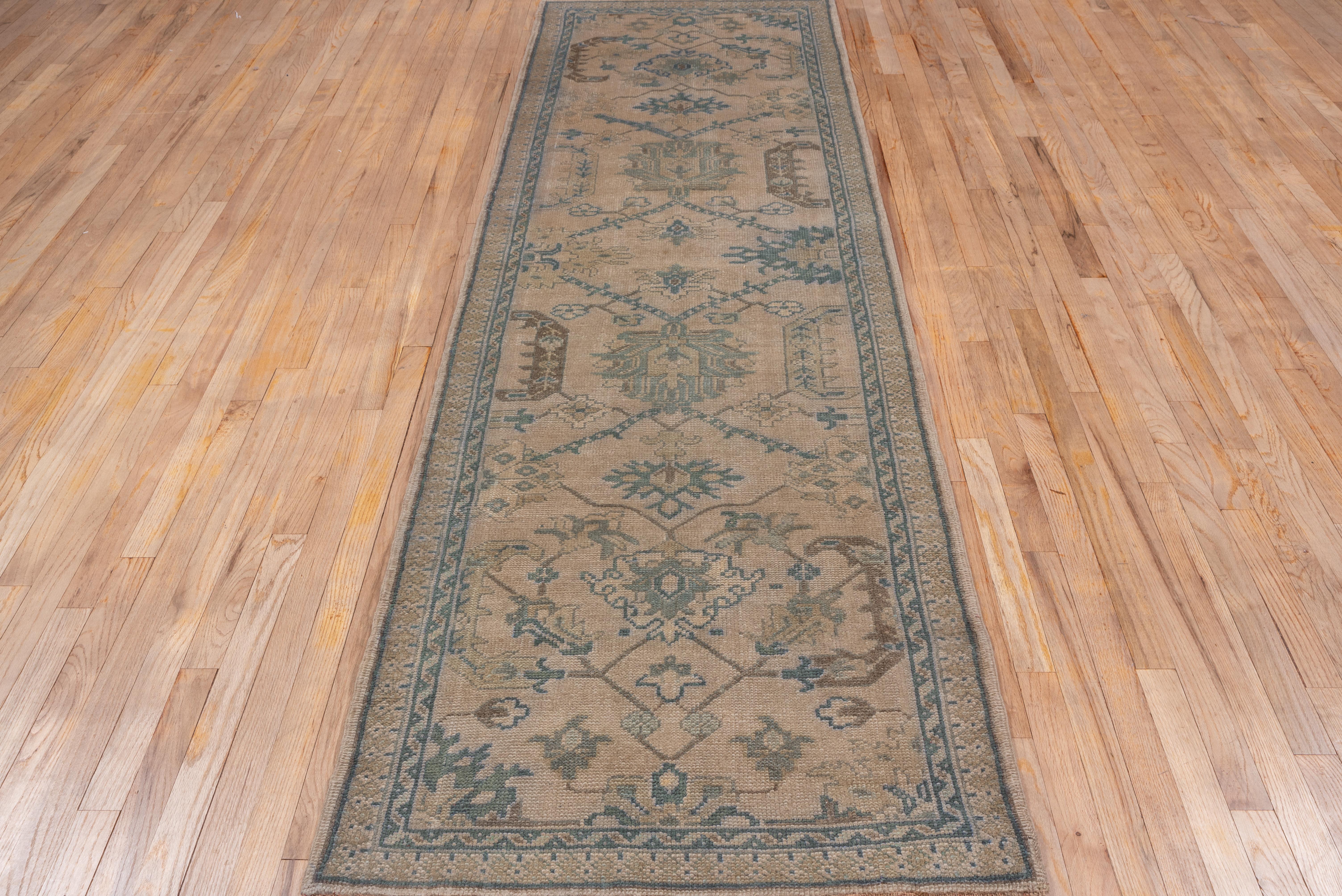 Hand-Knotted Antique Turkish Oushak Runner, Neutral Field, Blue and Green Tones