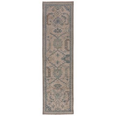 Antique Turkish Oushak Runner, Neutral Field, Blue and Green Tones