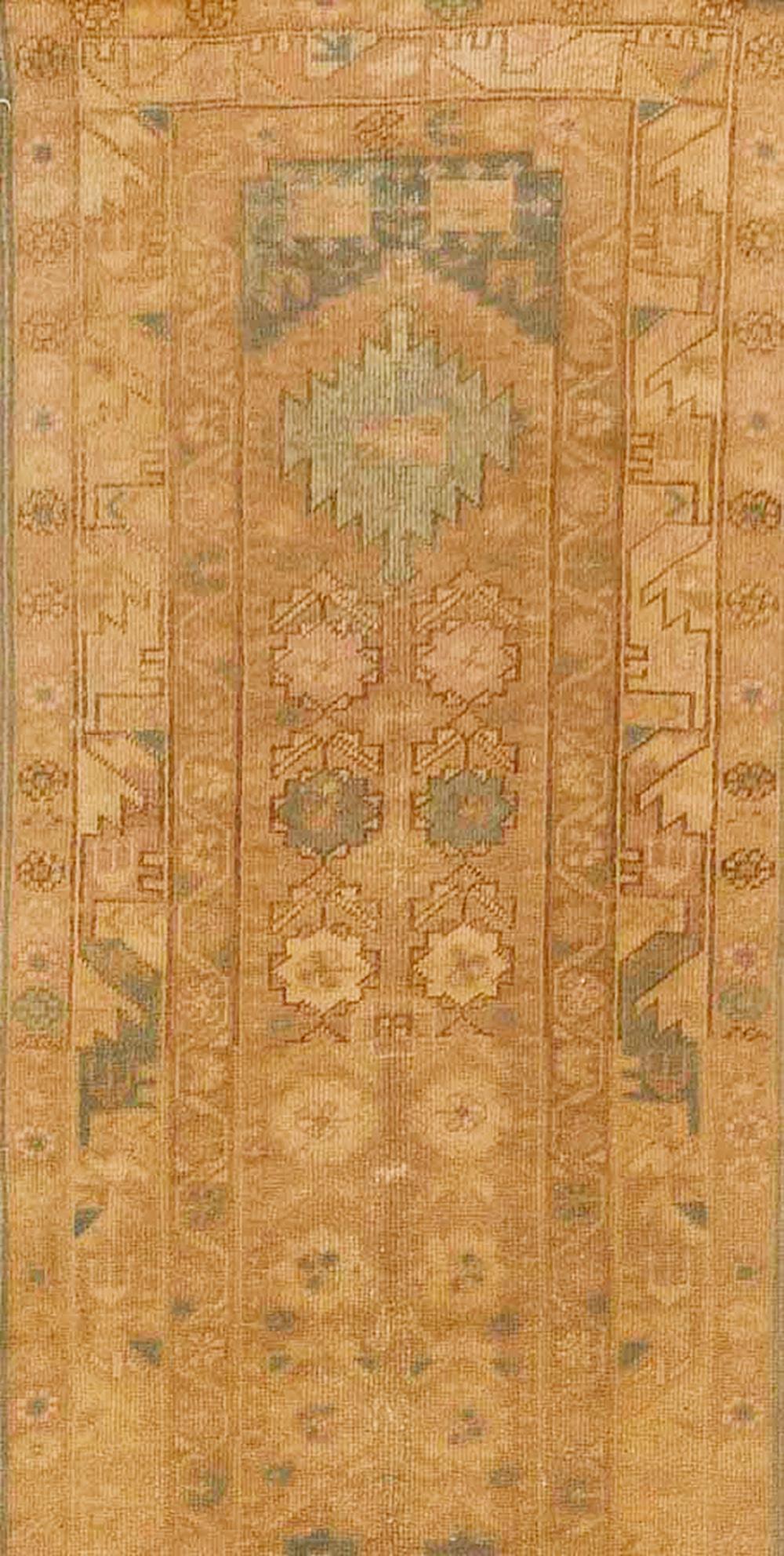 Hand-Woven Antique Turkish Oushak Runner Rug with Green and Beige Floral Details For Sale
