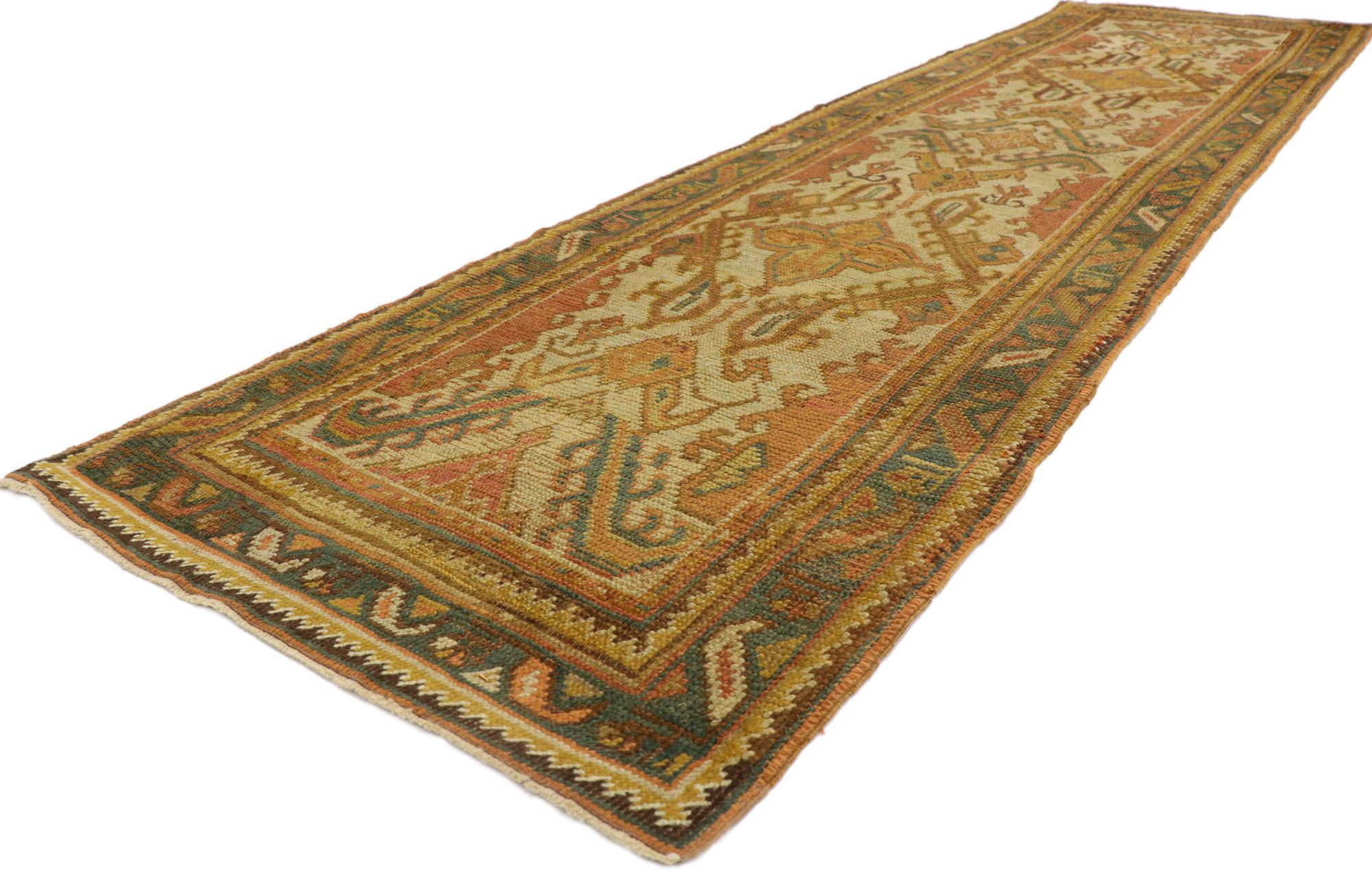 ​53669 Antique Turkish Oushak Rug, 02'11 x 11'03.
Step into a world of timeless beauty and Mediterranean flair with this hand knotted wool antique Turkish Oushak rug runner. The intricate botanical designs and striking colors offer a stunning blend