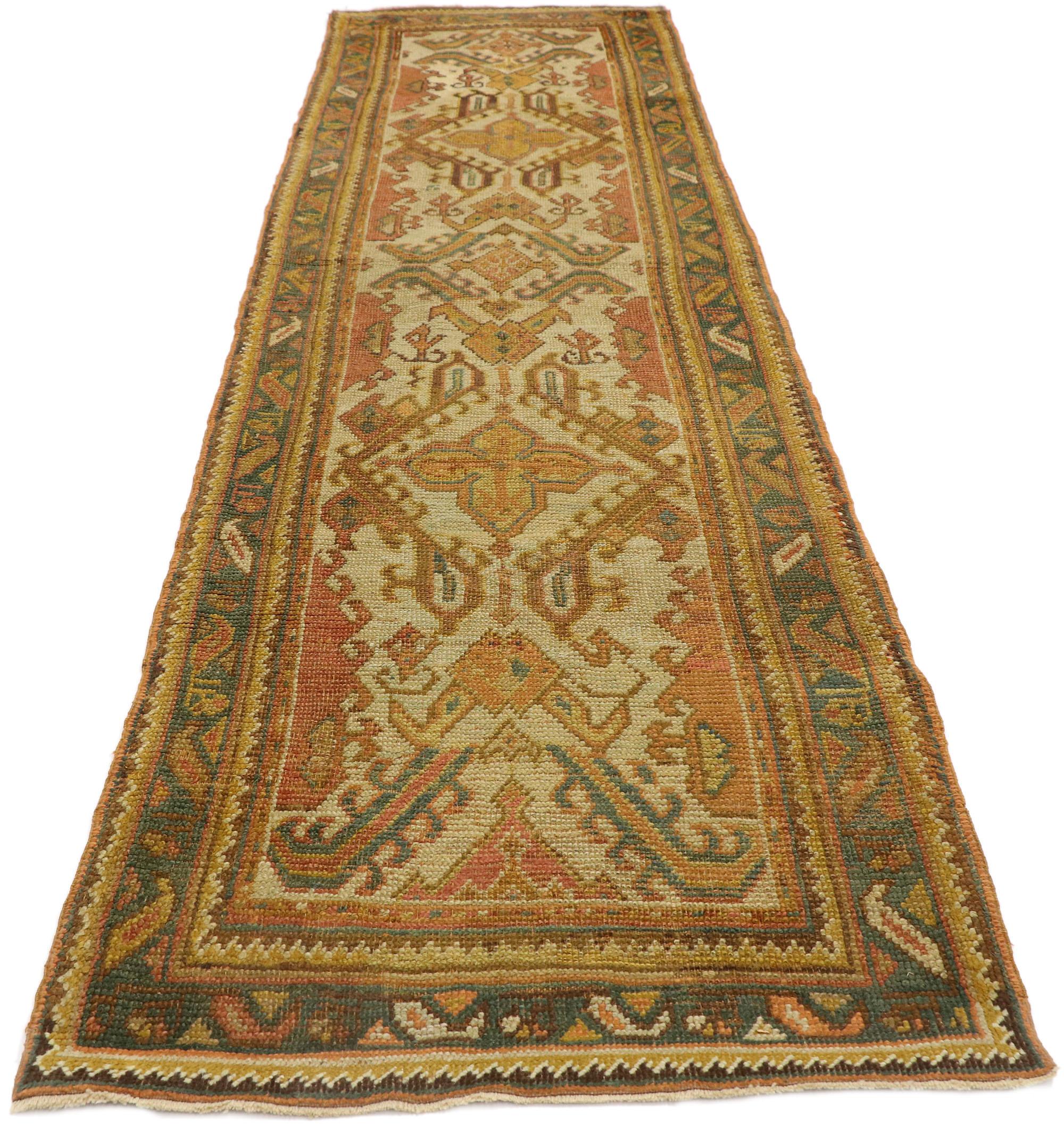 Hand-Knotted Antique Turkish Oushak Runner, Timeless Beauty Meets Mediterranean Flair For Sale