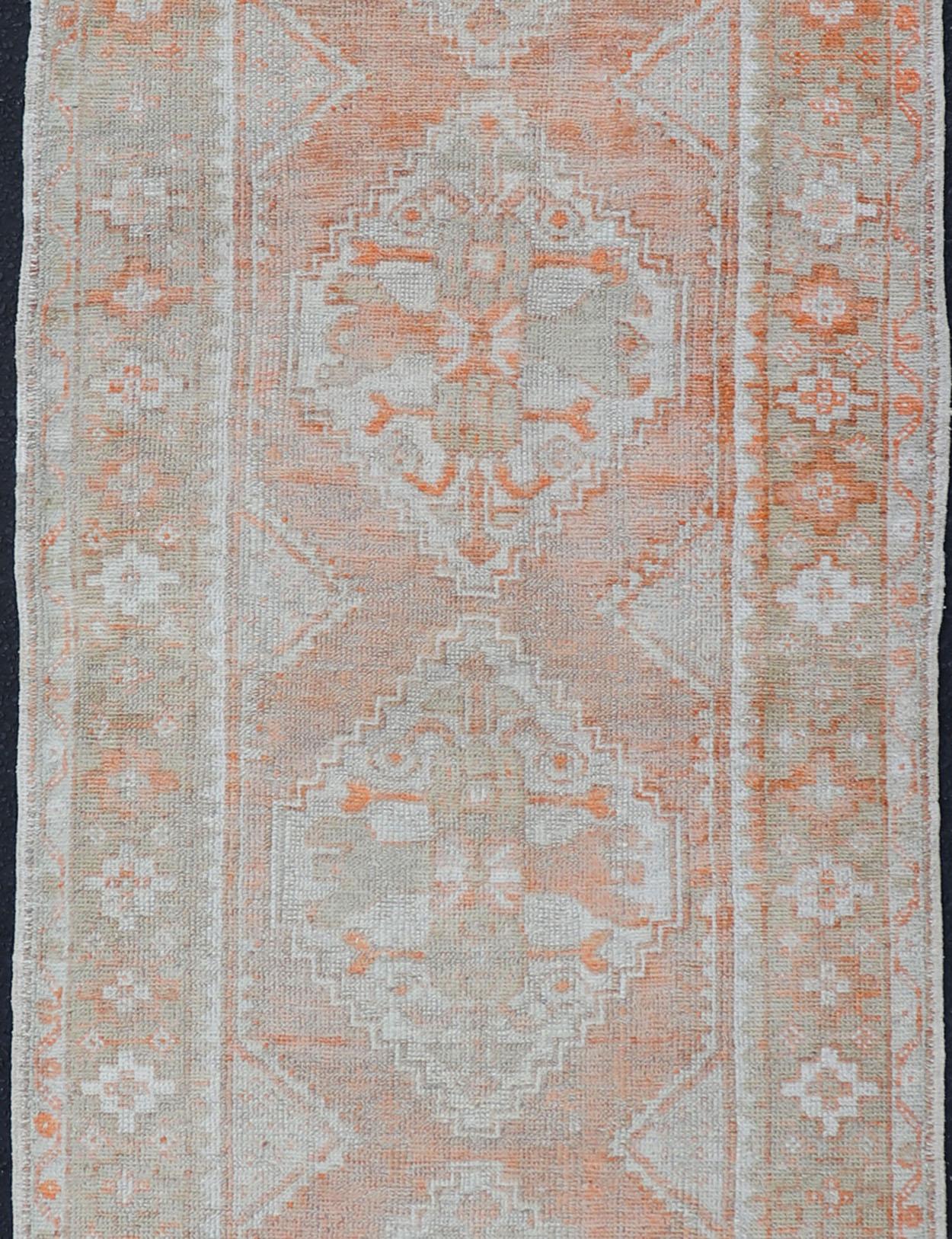 Kilim Antique Turkish Oushak Runner with Diamond Medallions and Floral Motifs For Sale