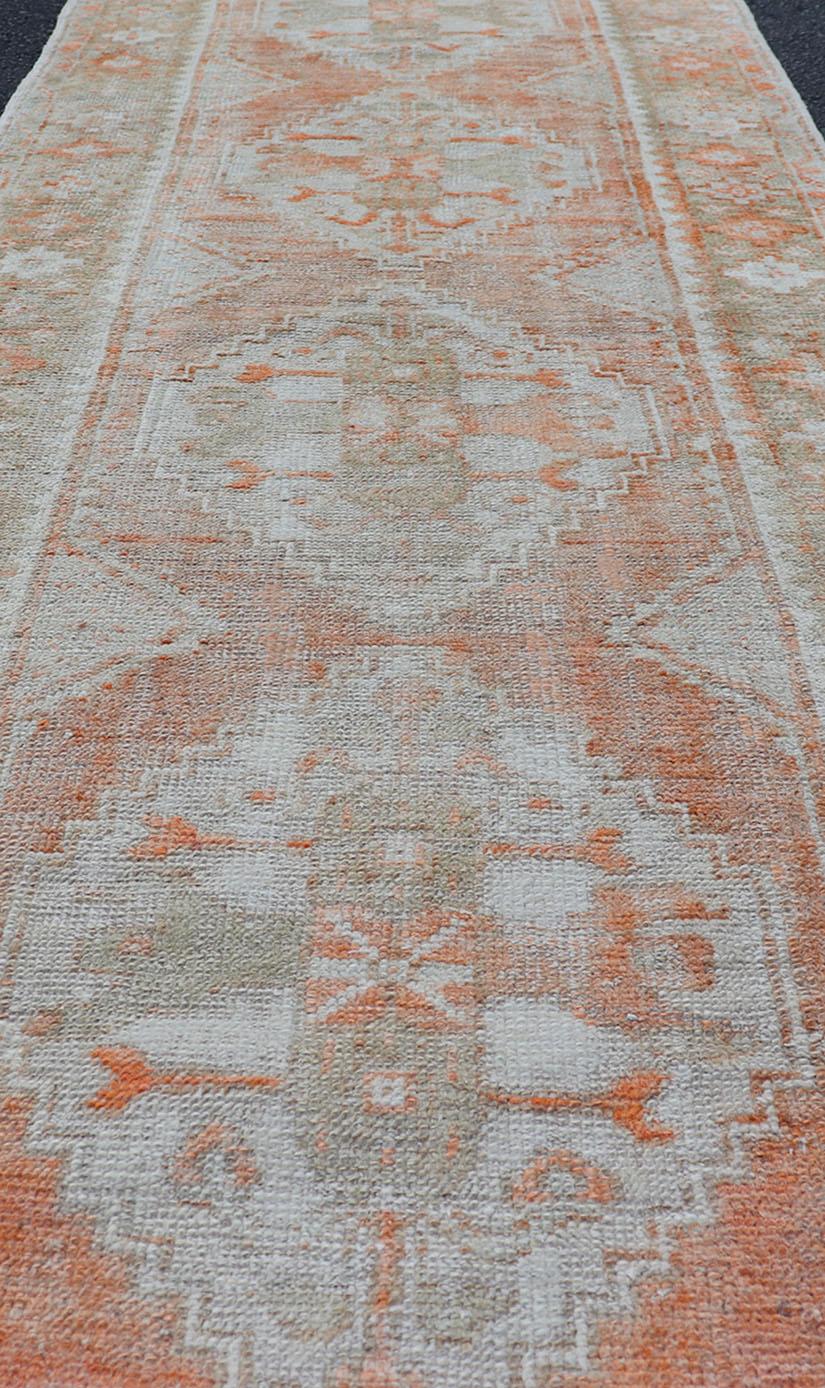 Antique Turkish Oushak Runner with Diamond Medallions and Floral Motifs For Sale 1
