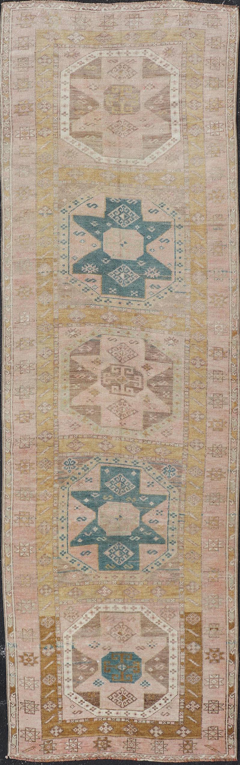 Antique Turkish Oushak Runner with Geometric Medallion Design 3'2" x 10'11"