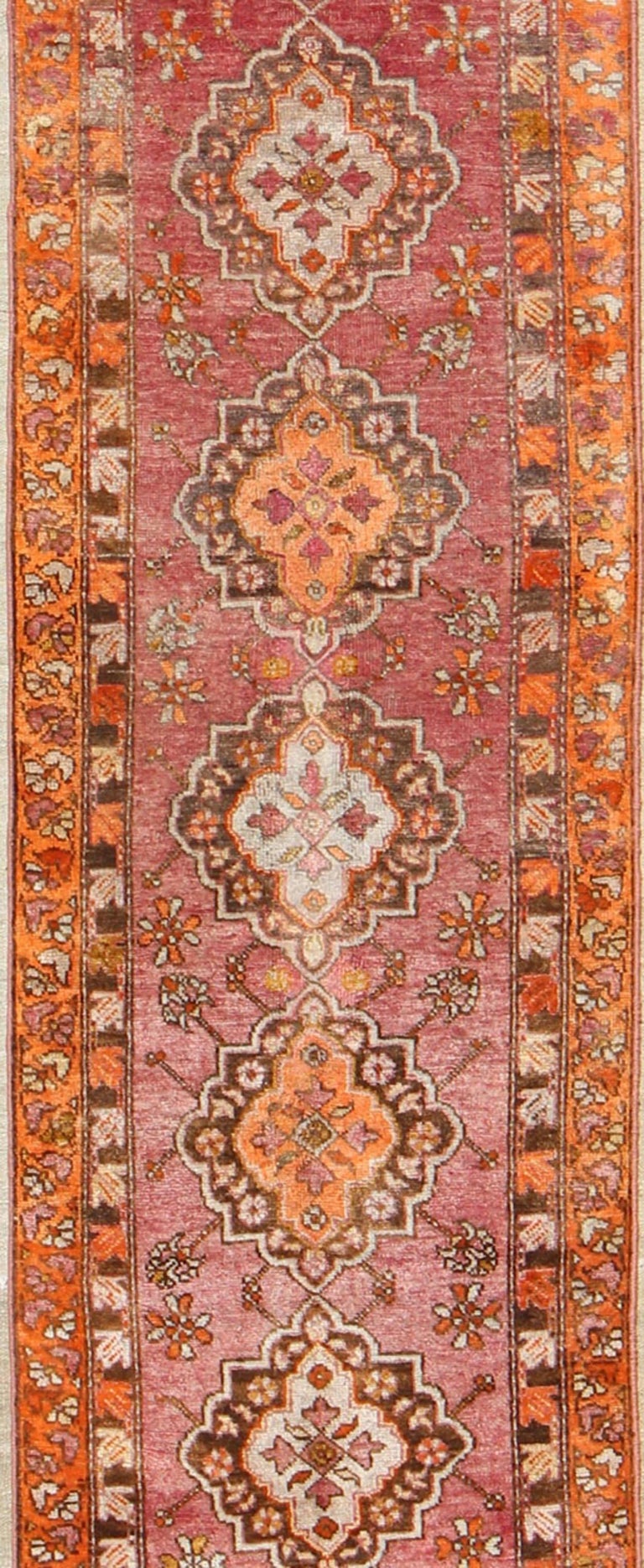 Antique Turkish Oushak Runner with Layered Floral Medallions and Ornate ...