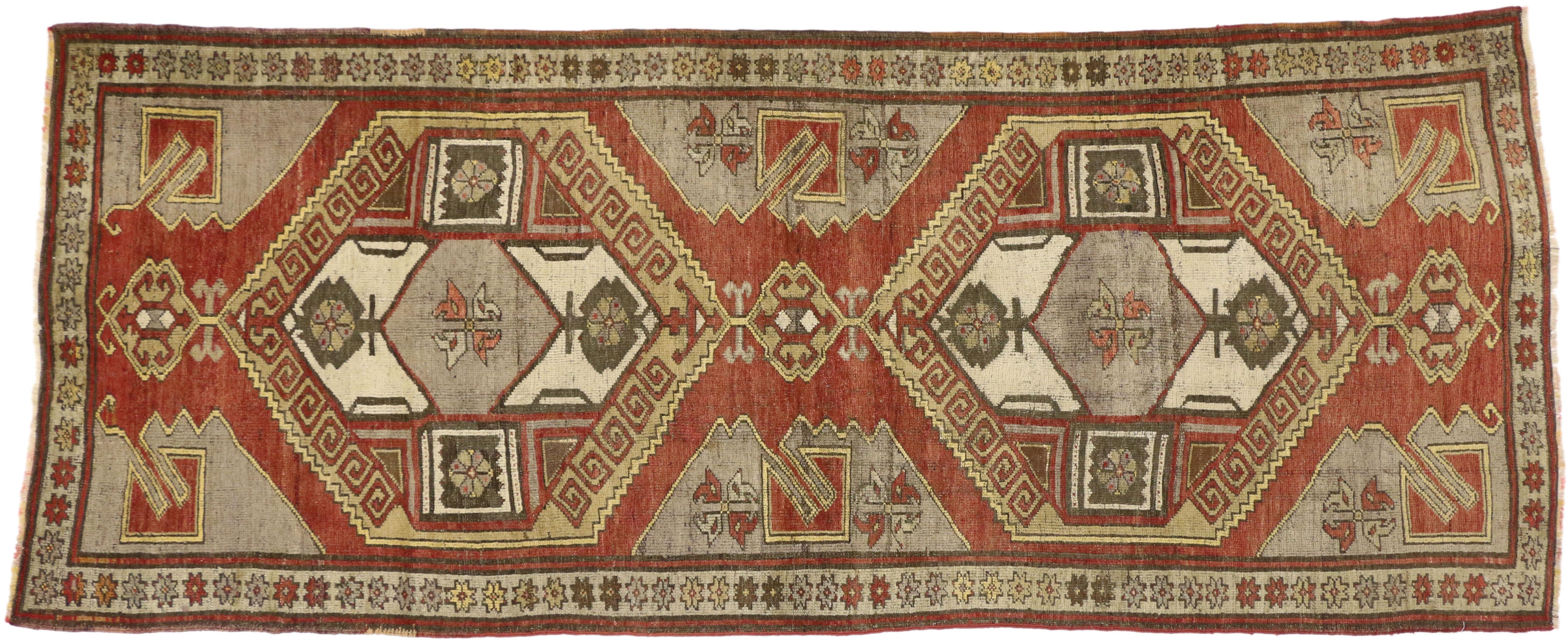 Wool Antique Turkish Oushak Runner with Modern Tribal Style For Sale