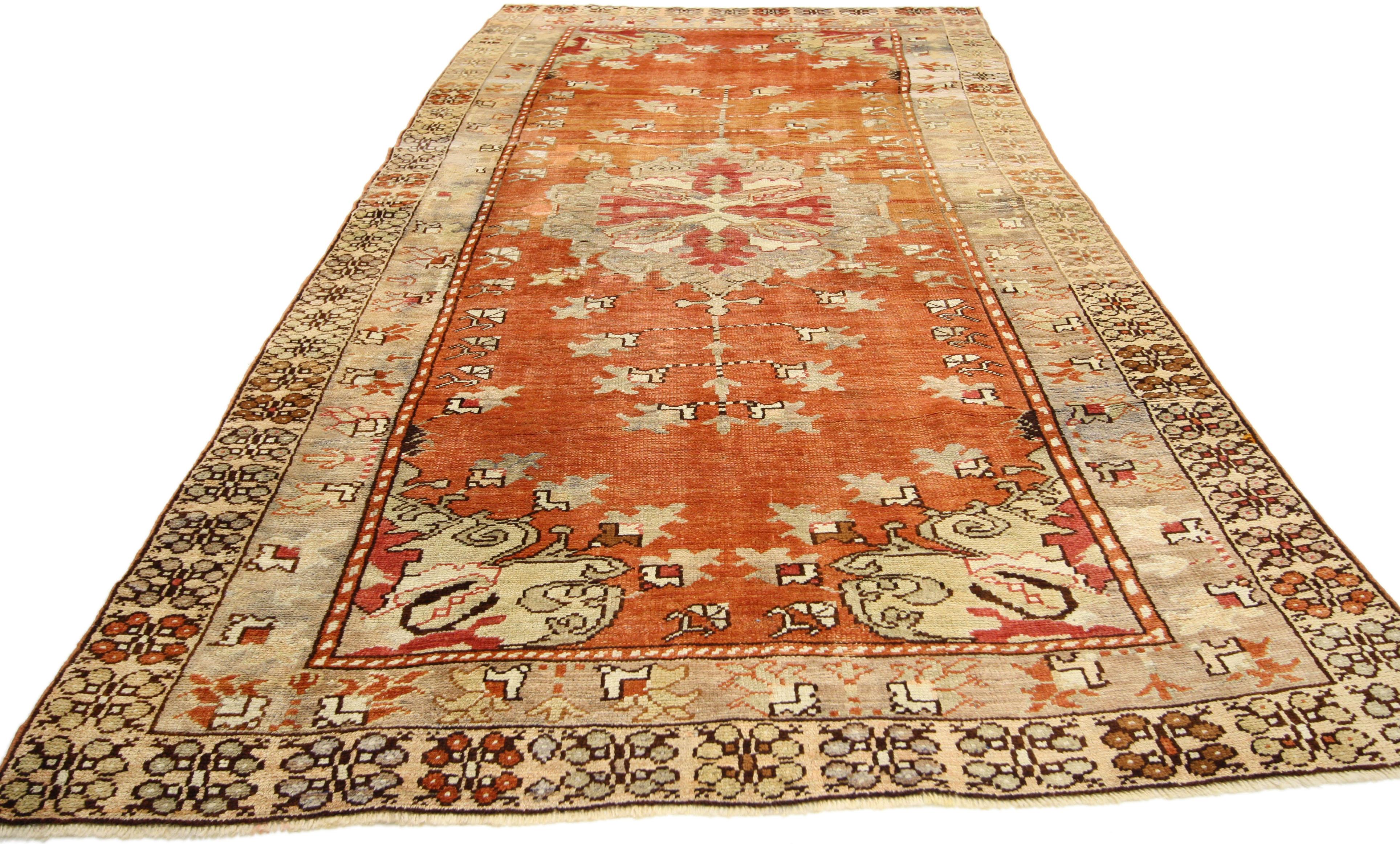 Hand-Knotted Antique Turkish Oushak Runner with Rustic Cottage Style, Wide Hallway Runner For Sale