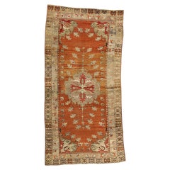 Used Turkish Oushak Runner with Rustic Cottage Style, Wide Hallway Runner