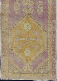 Antique Turkish Oushak Runner with Three Geometric Medallions in Purple Tones