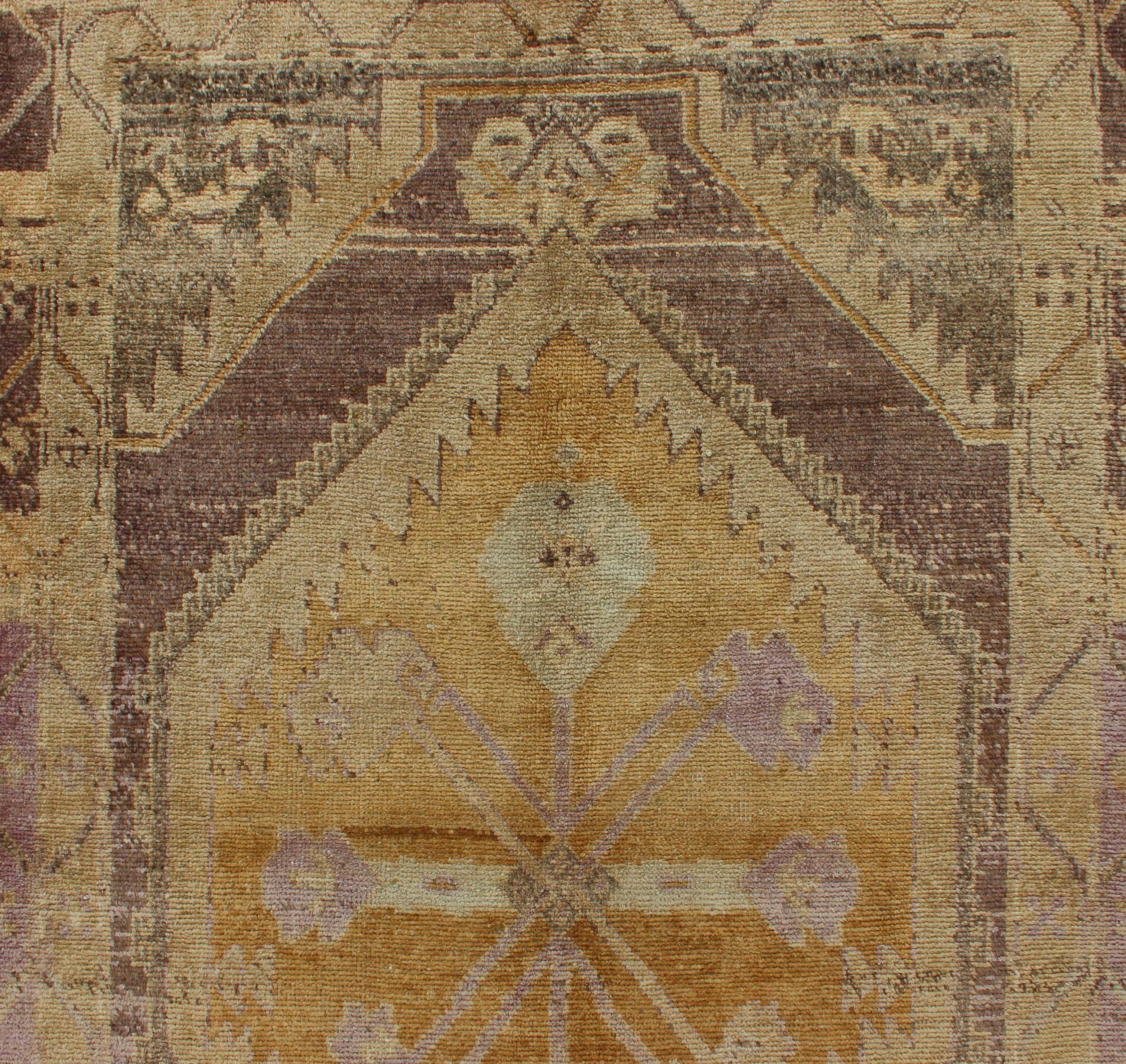 Antique Turkish Oushak Runner with Three Geometric Medallions in Purple Tones For Sale 1