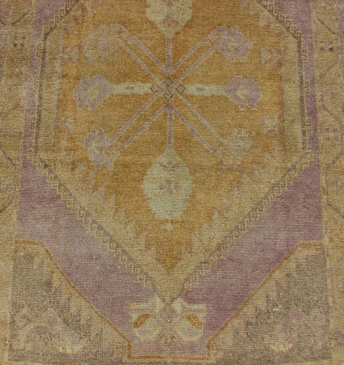 Antique Turkish Oushak Runner with Three Geometric Medallions in Purple Tones For Sale 2