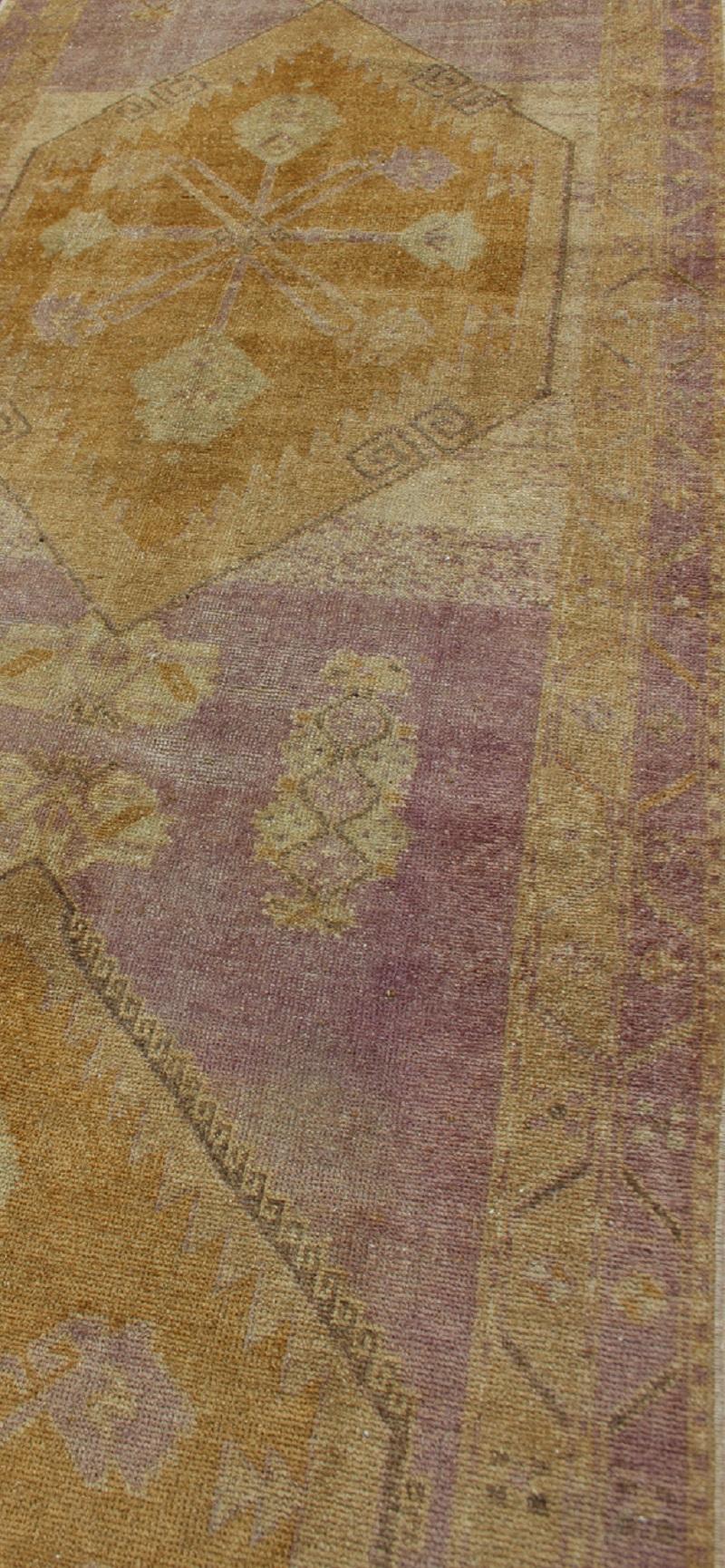 Antique Turkish Oushak Runner with Three Geometric Medallions in Purple Tones For Sale 3