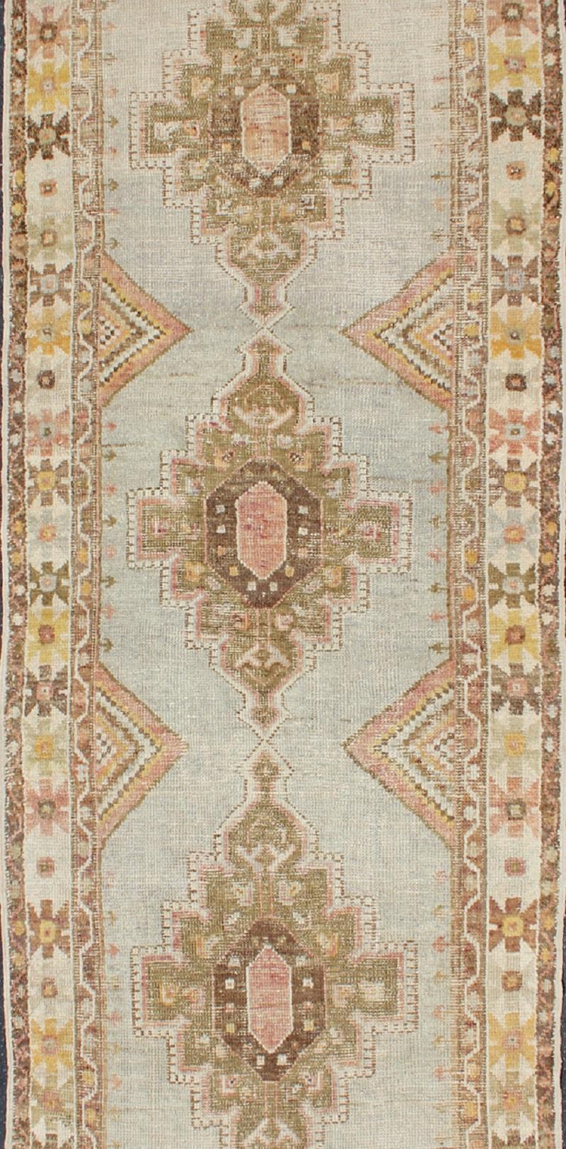 Hand-Knotted Antique Turkish Oushak Runner with Three-Layered Medallions