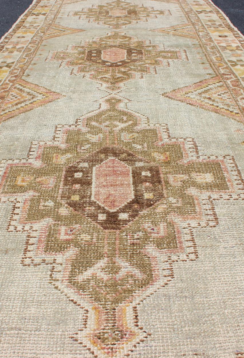 Wool Antique Turkish Oushak Runner with Three-Layered Medallions