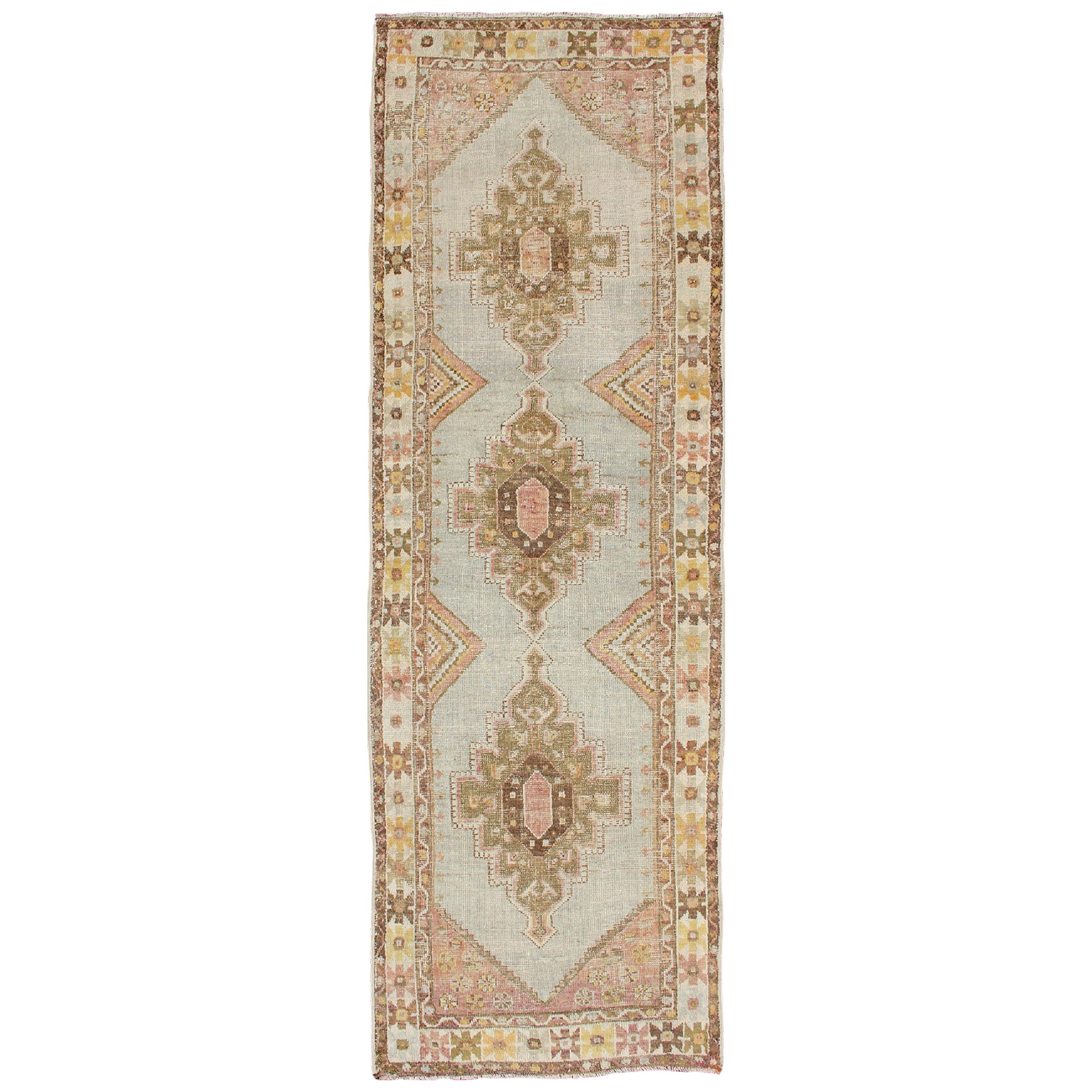 Antique Turkish Oushak Runner with Three-Layered Medallions
