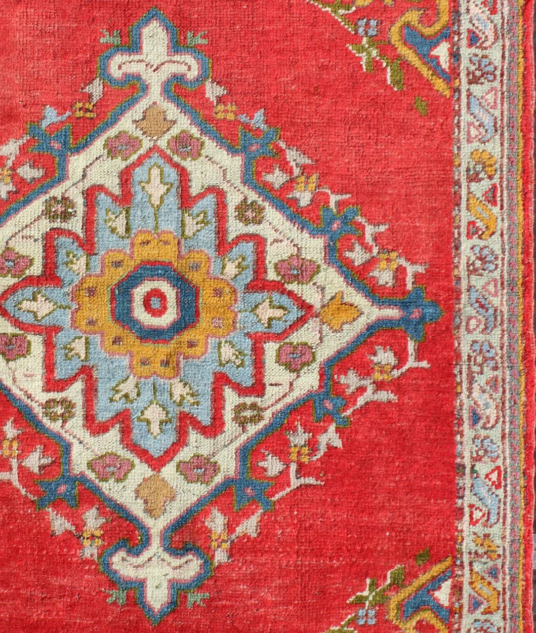 Hand-Knotted Antique Turkish Oushak Small Rug in Red, Blue, Lavender, Orange & Green For Sale