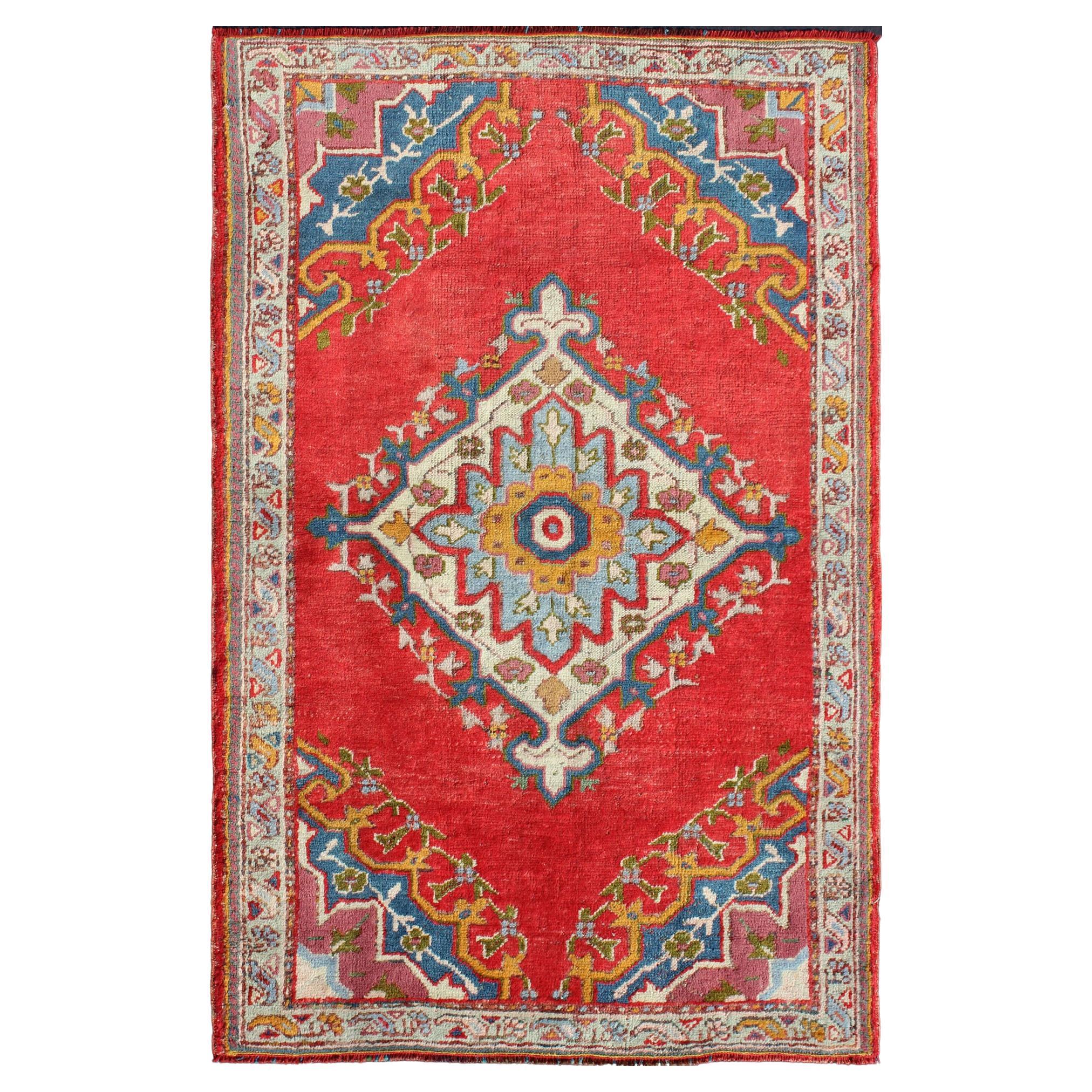 Antique Turkish Oushak Small Rug in Red, Blue, Lavender, Orange & Green For Sale