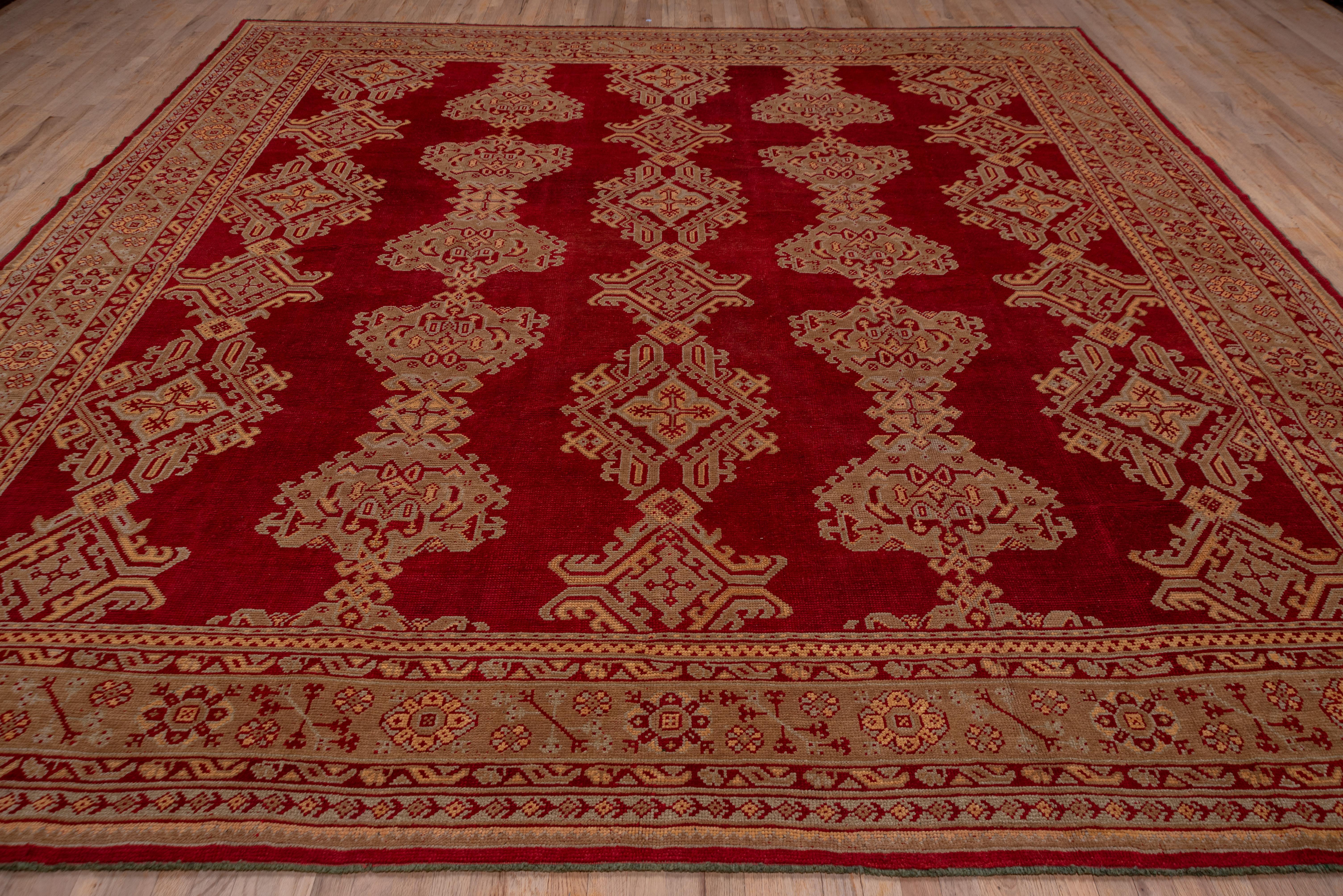 Mid-20th Century Antique Turkish Oushak Square Wool Rug, Red Allover Field, Circa 1920s For Sale